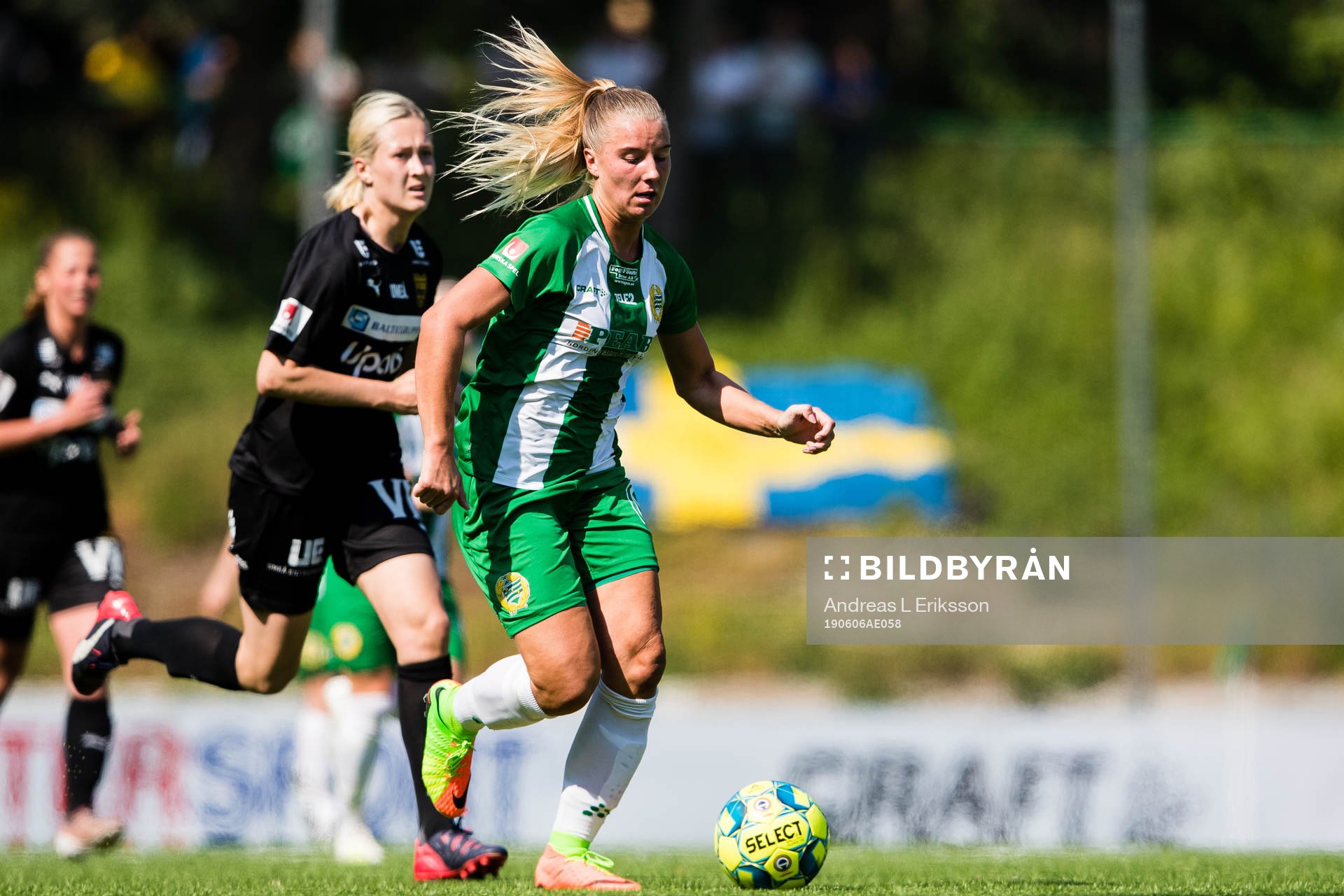 Hammarbys Louise Lillbäck under fotbollsmatchen i Elitettan mellan Hammarby och Umeå den 6 juni 2019 i Stockholm. 