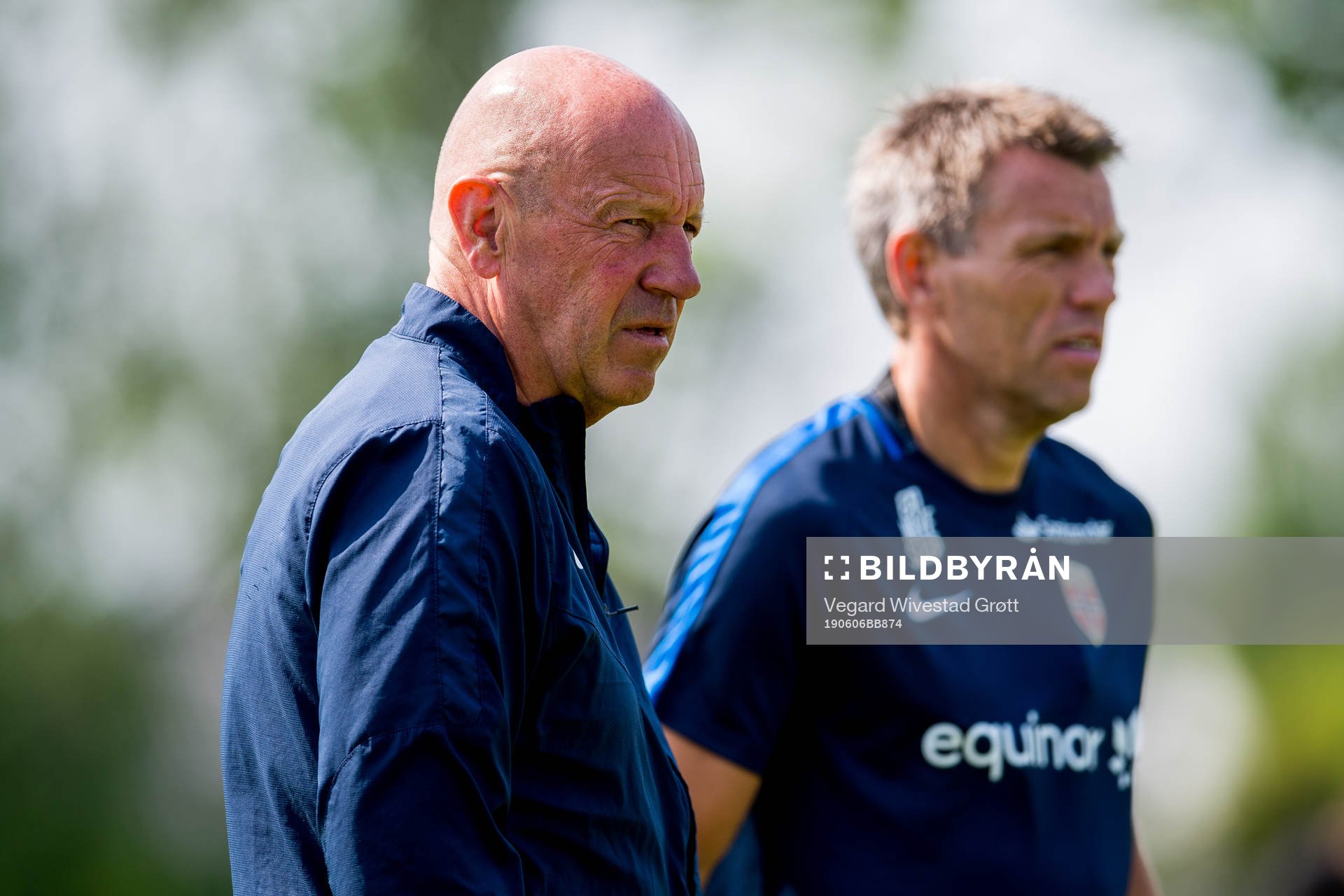 Nils Johan Semb and Gunnar Halle, head coach of Norway G19, during a training session on June 6, 2019 in Tønsberg.