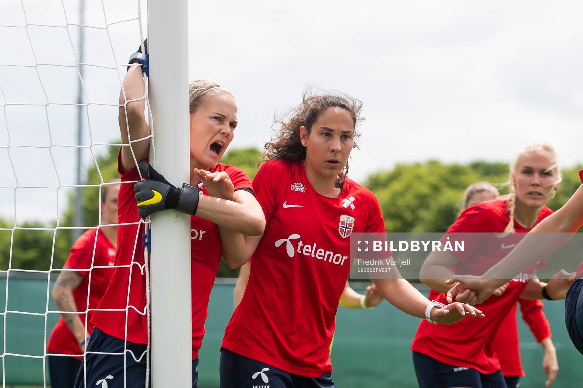 Goalkeeper Ingrid Hjelmseth and Ingrid Moe Wold of Norway