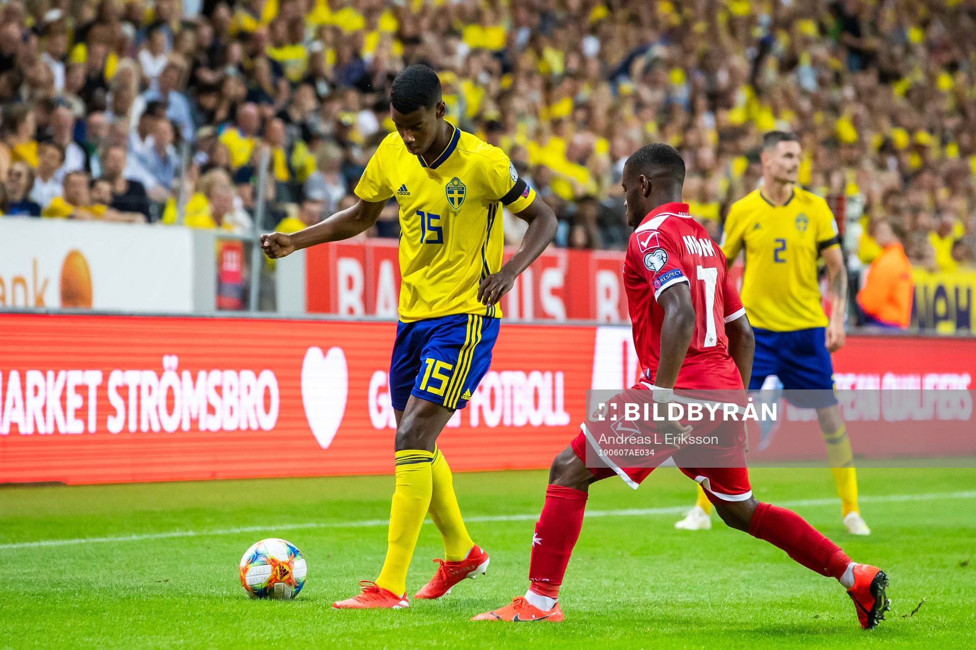 Alexander Isak of Sweden and Jonathan Caruana of Malta