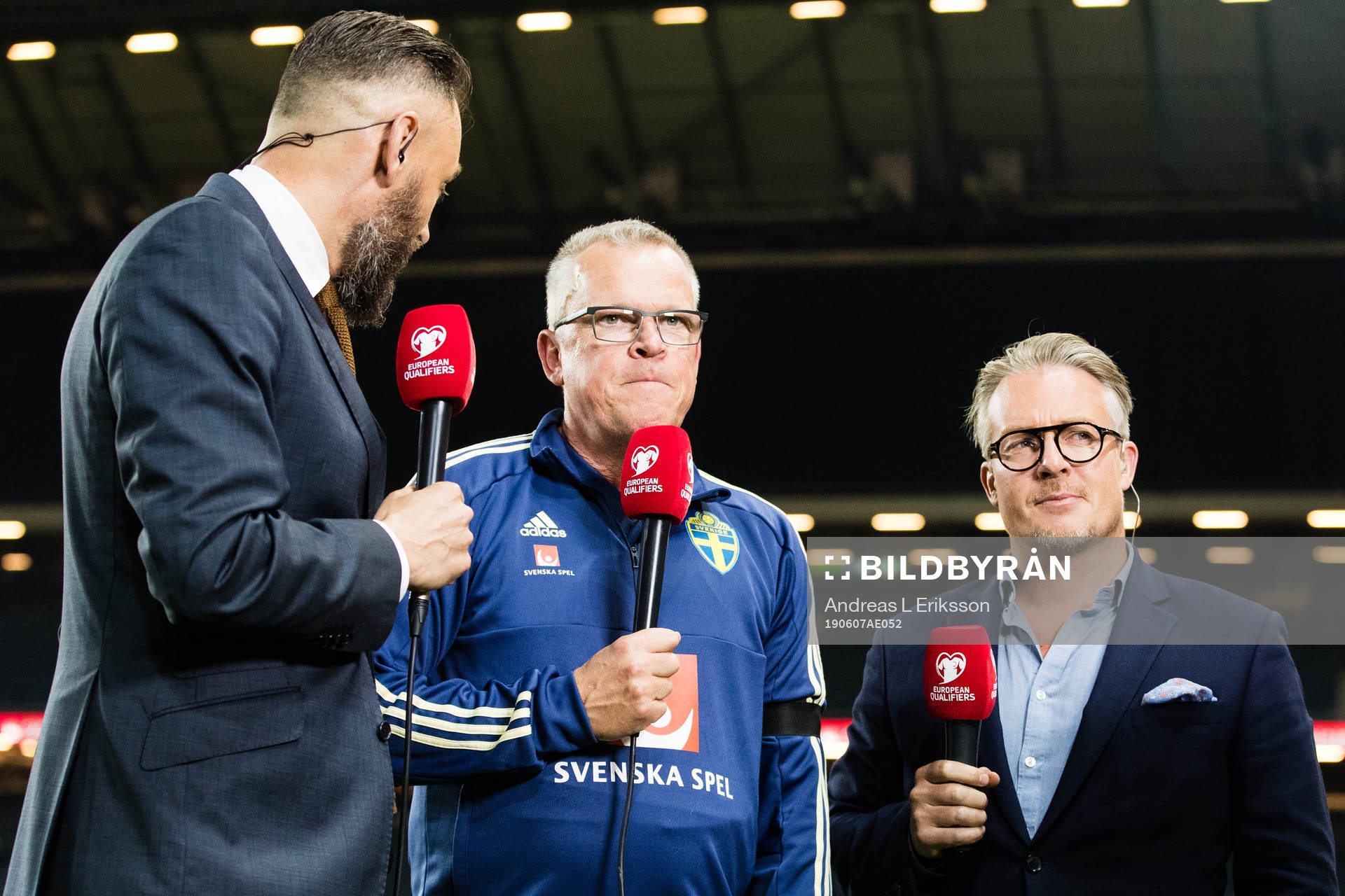 Head coach Janne Andersson of Sweden (m) is interviewed by Olof Lundh and Mattias Tjernström from Cmore after the UEFA Euro Qualifier football match between Sweden and Malta on June 7, 2019 in Stockholm.