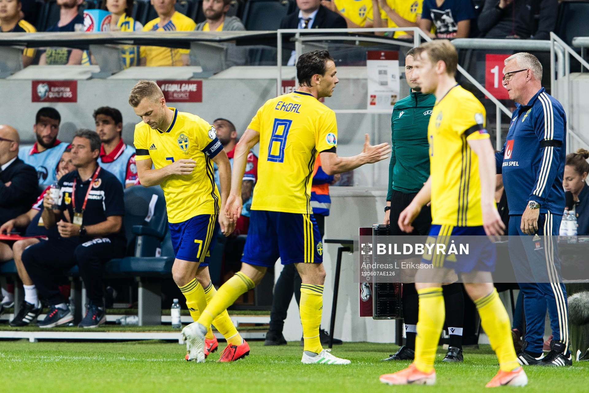 Sebastian Larsson changes with Albin Ekdal of Sweden