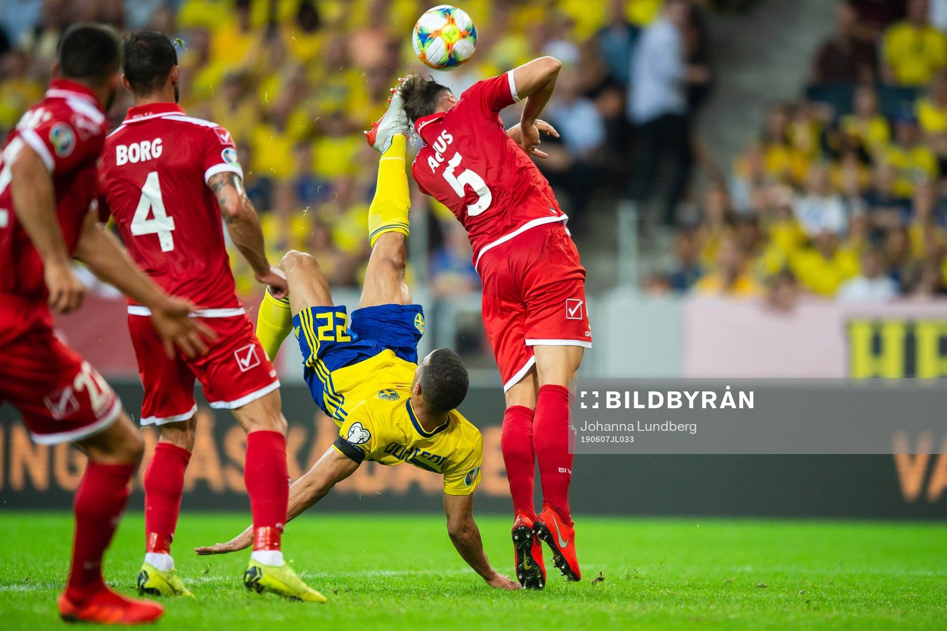 Robin Quaison of Sweden with a bicycle kick against