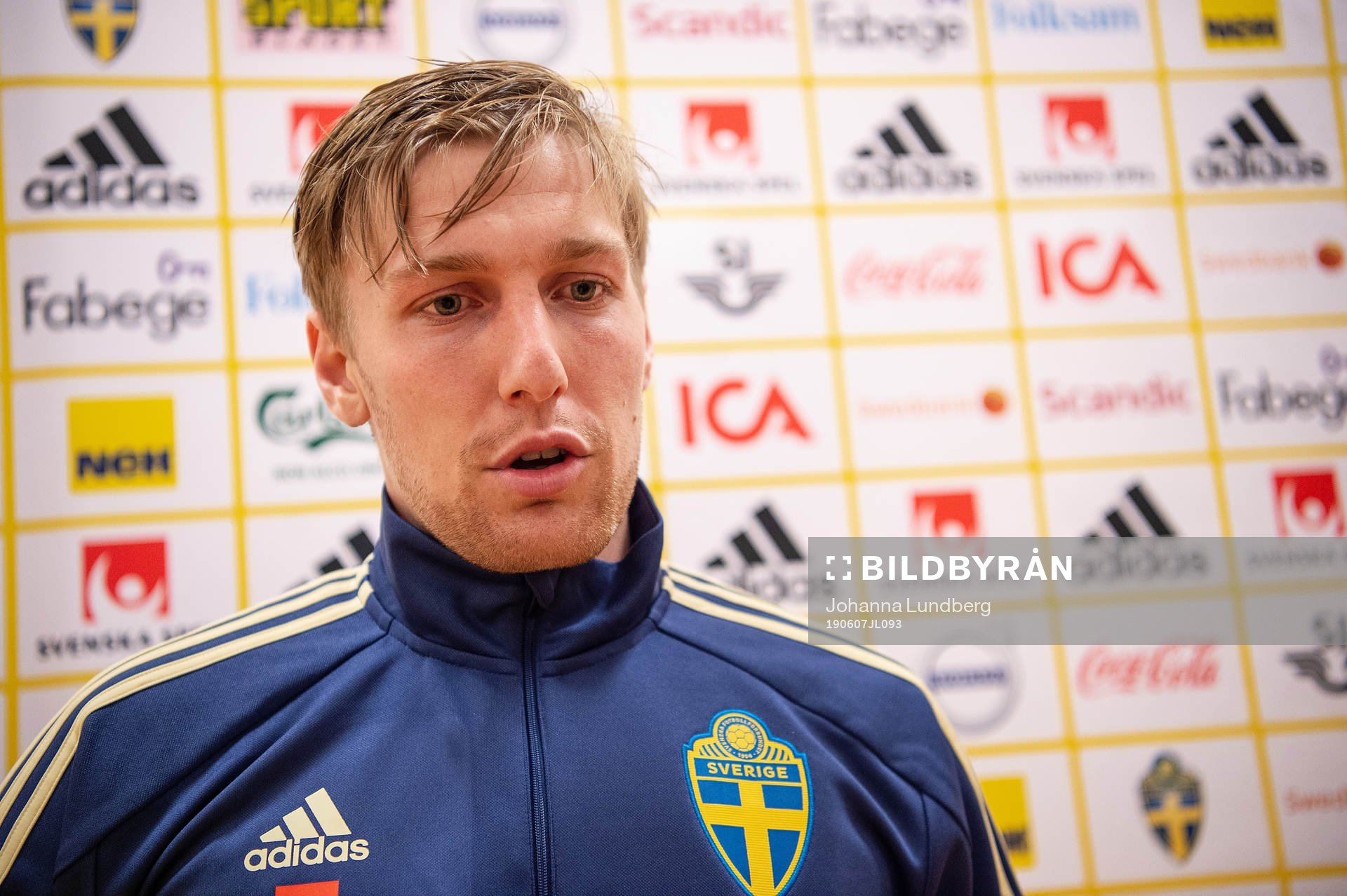 Emil Forsberg of Sweden of Sweden in the mixed zone after the UEFA Euro Qualifier football match between Sweden and Malta on June 7, 2019 in Stockholm.