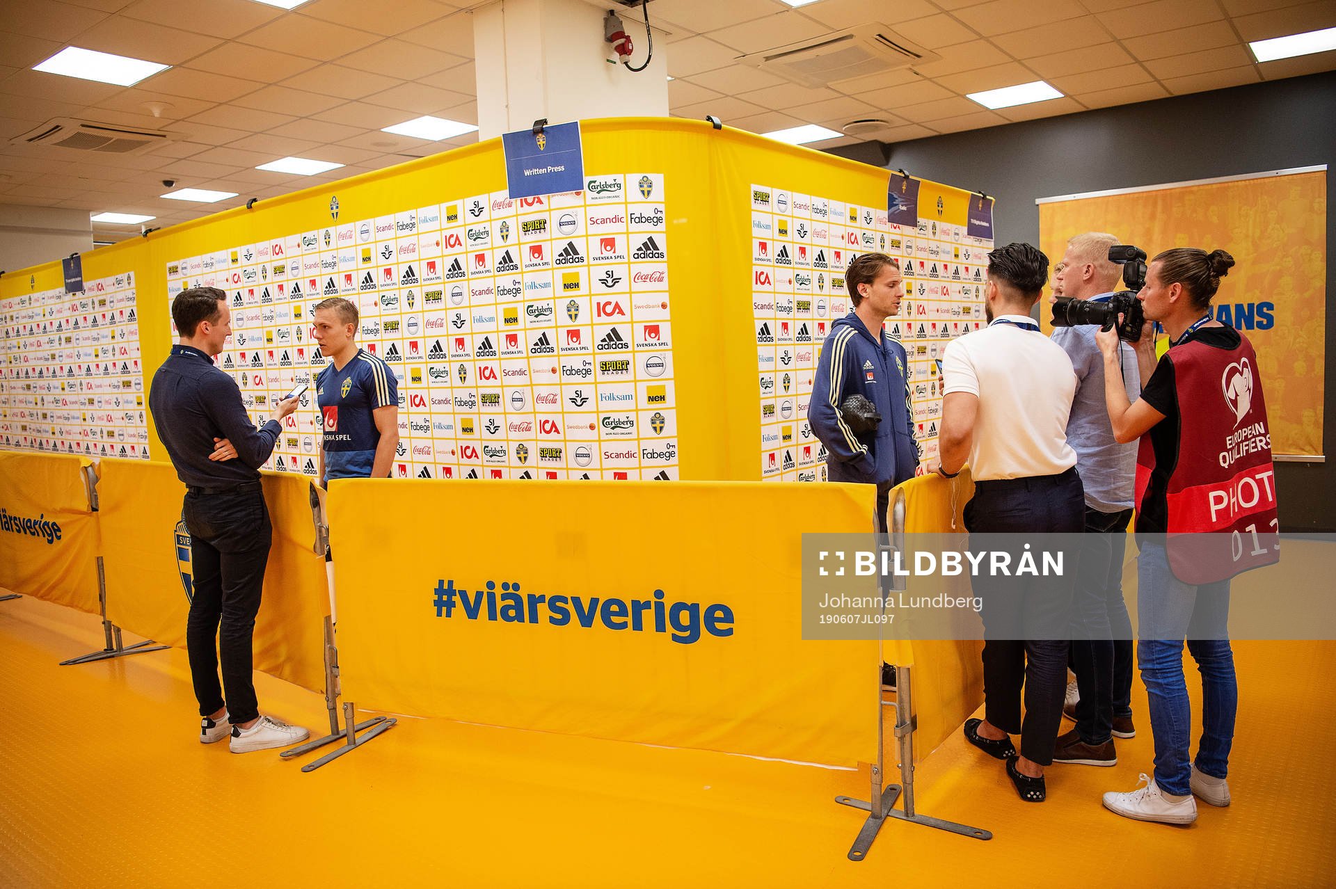 Ludwig Augustinsson and Albin Ekdal of Sweden of Sweden in the mixed zone after the UEFA Euro Qualifier football match between Sweden and Malta on June 7, 2019 in Stockholm.
