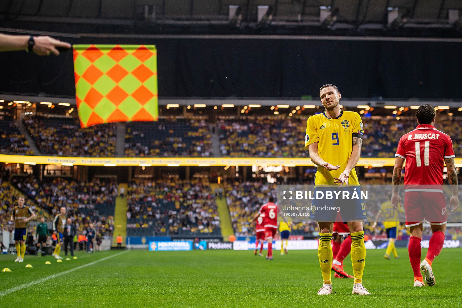 Marcus Berg of Sweden reacts to the assistant referee