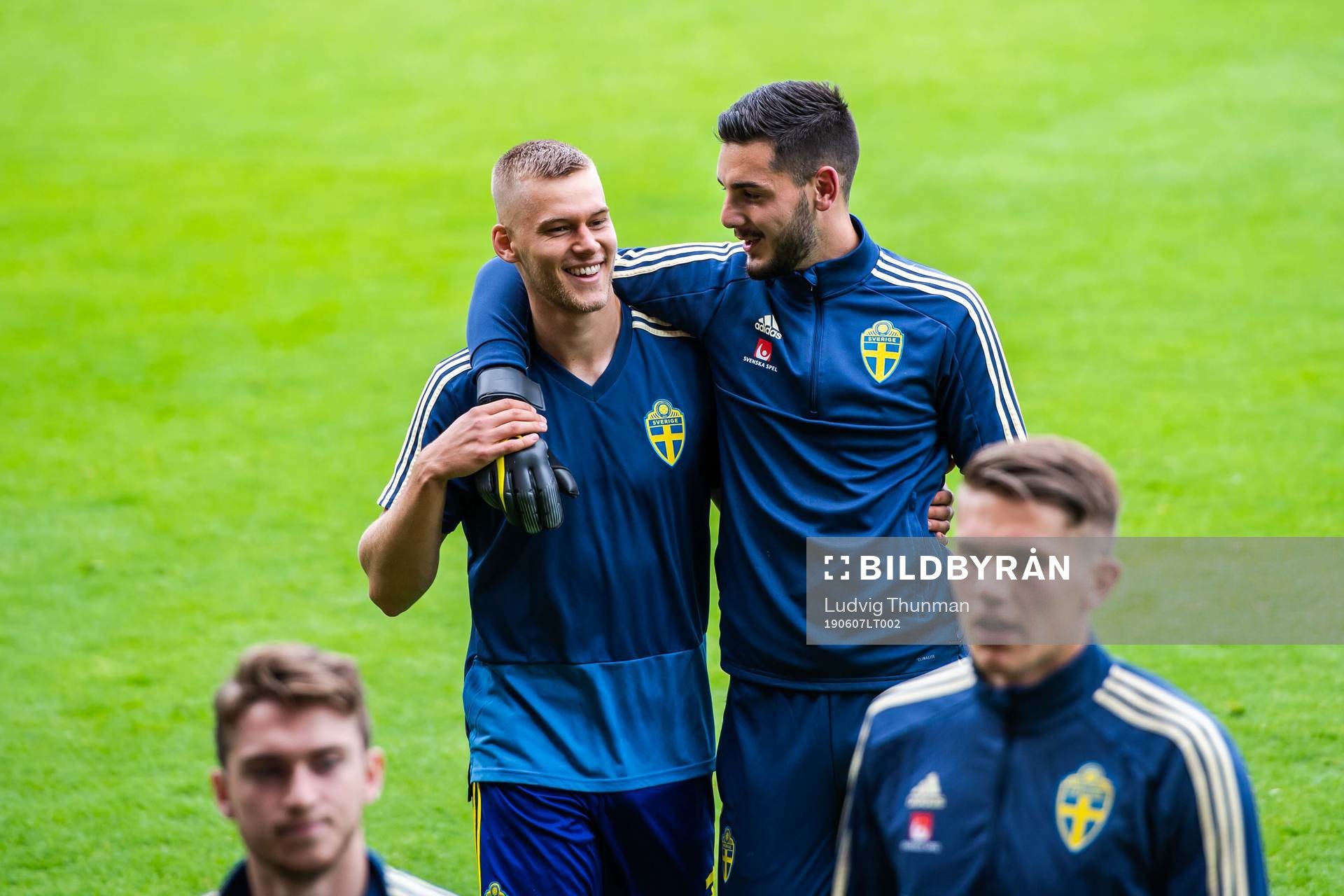 Felix Beijmo and goalkeeper Marko Johansson of Sweden ahead of the under 21 friendly match between Sweden and Norway on June 7, 2019 in Helsingborg.