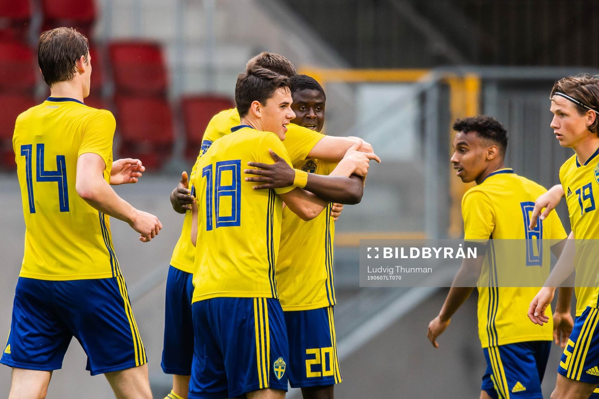 Benjamin Mbunga Kimpioka of Sweden celebrate with teammates