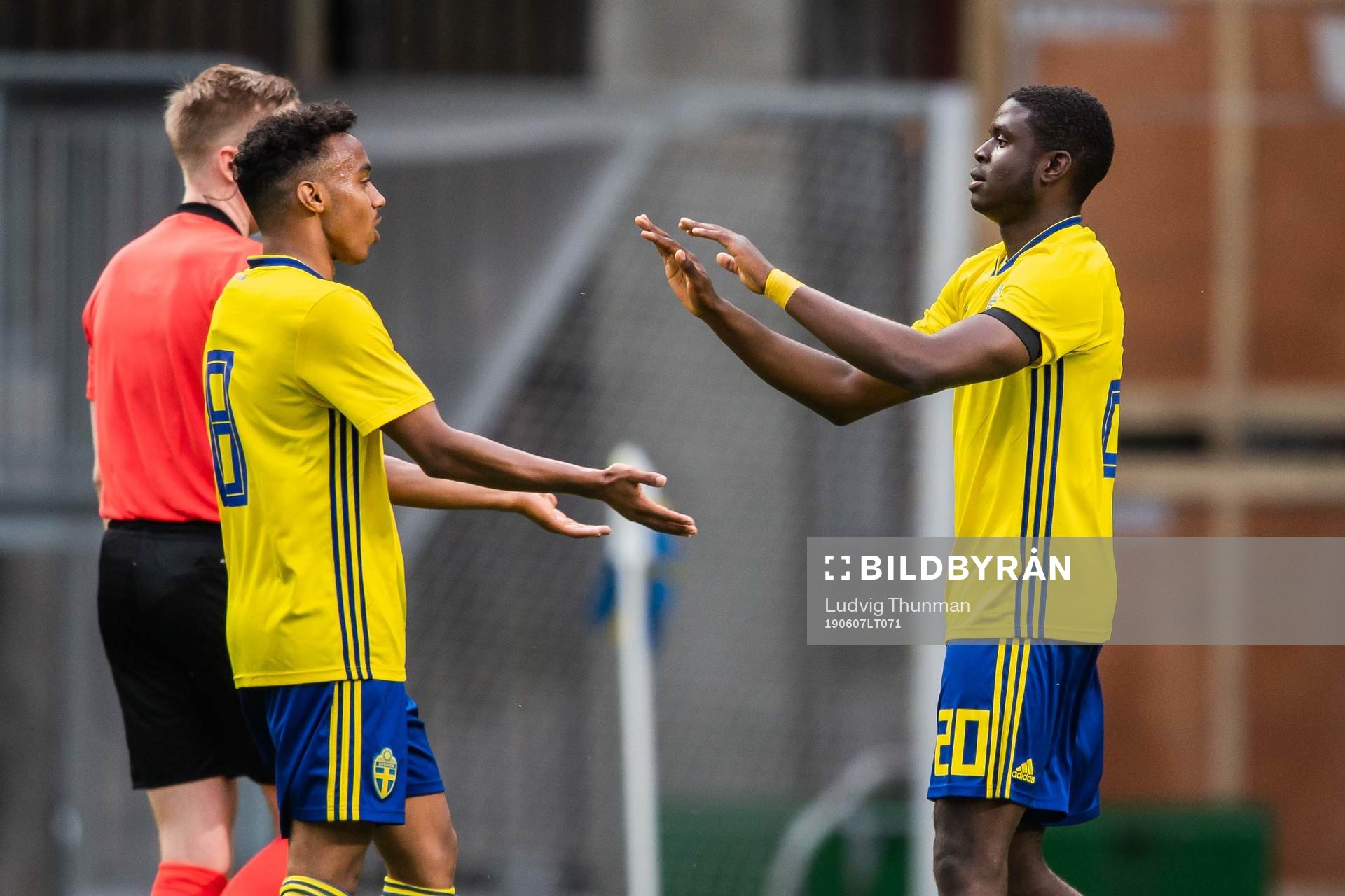 Benjamin Mbunga Kimpioka and Bilal Hussein of Sweden celebrate after 2-1 during the under 21 friendly match between Sweden and Norway on June 7, 2019 in Helsingborg.