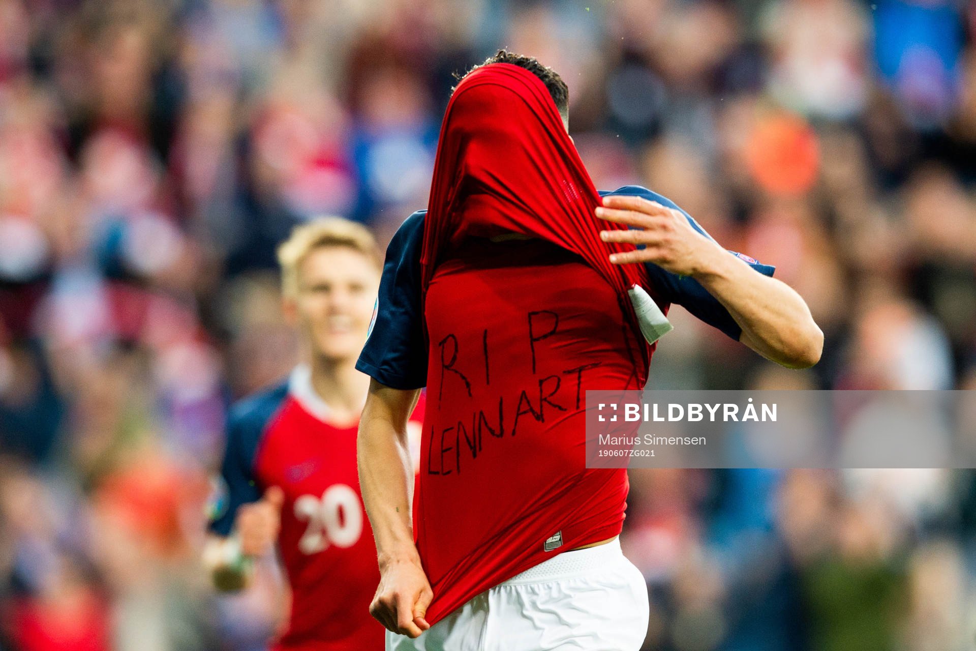 Tarik Elyounoussi of Norway celebrates after scoring 1-0 during the UEFA Euro Qualifier football match between Norway and Romania on June 7, 2019 in Oslo.