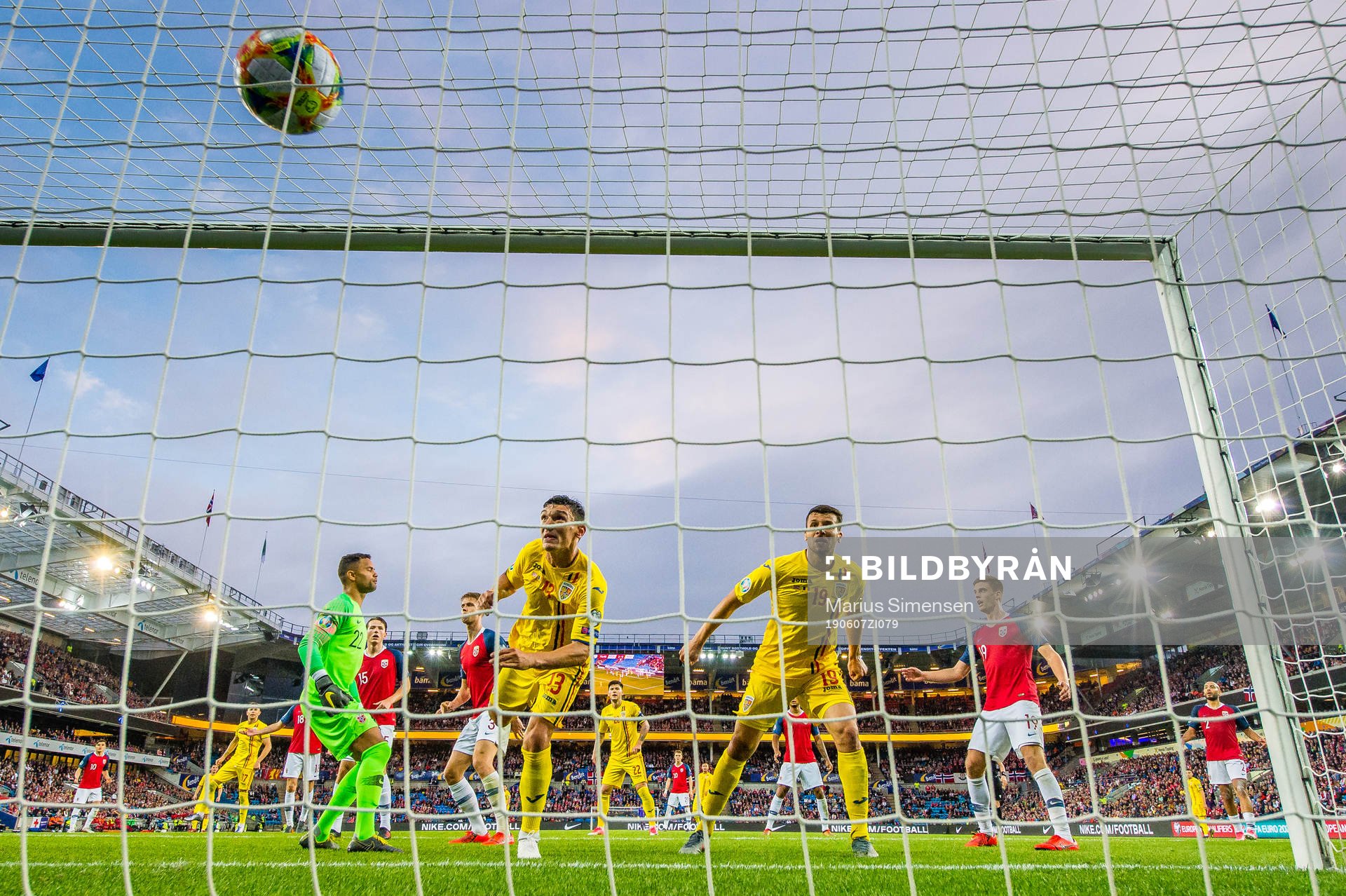Claudiu Keseru of Romania scores the 2-1 goal during the UEFA Euro qualifier football match between Norway and Romania on June 7, 2019 in Oslo.