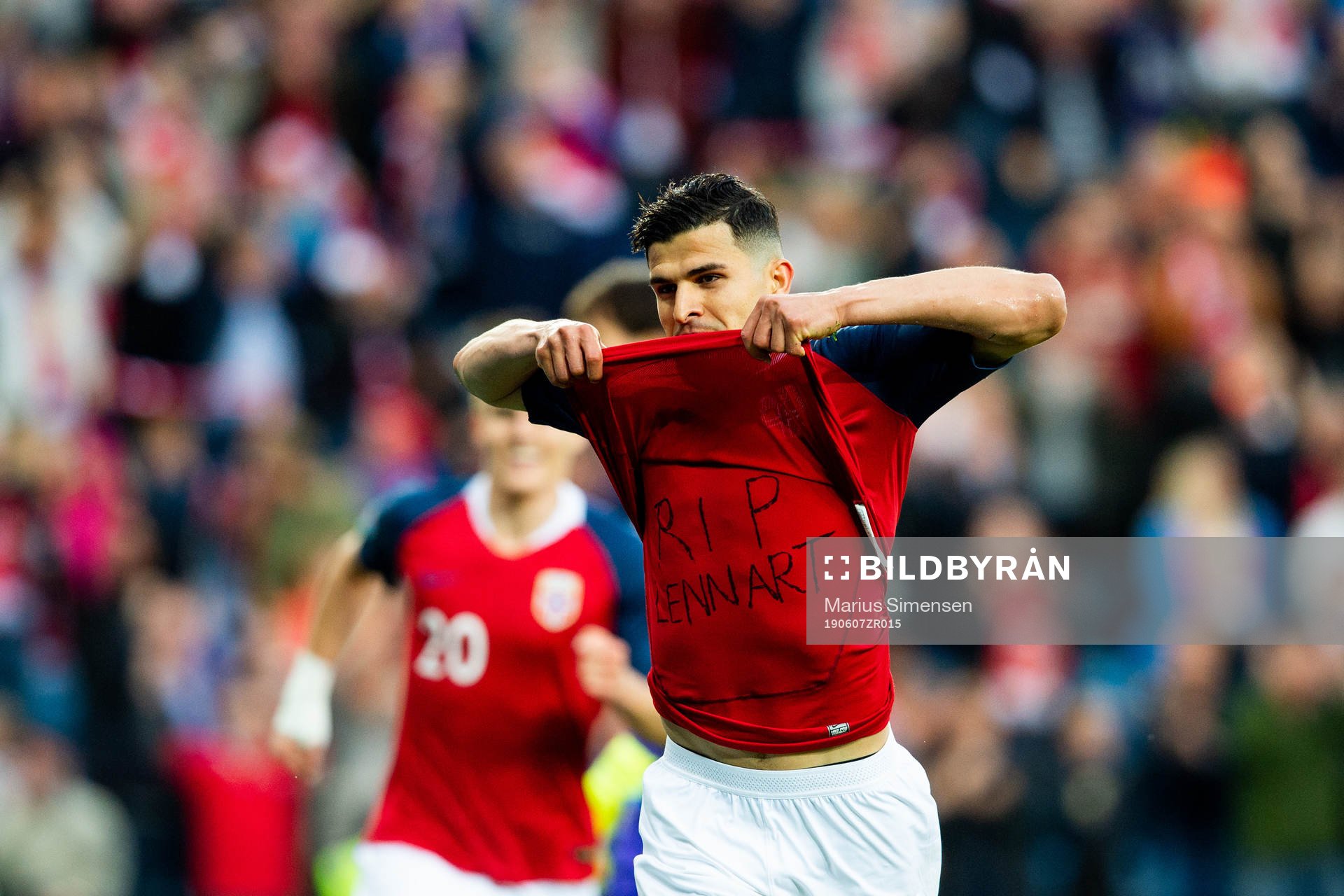 Tarik Elyounoussi of Norway celebrates after scoring 1-0 during the UEFA Euro Qualifier football match between Norway and Romania on June 7, 2019 in Oslo.
