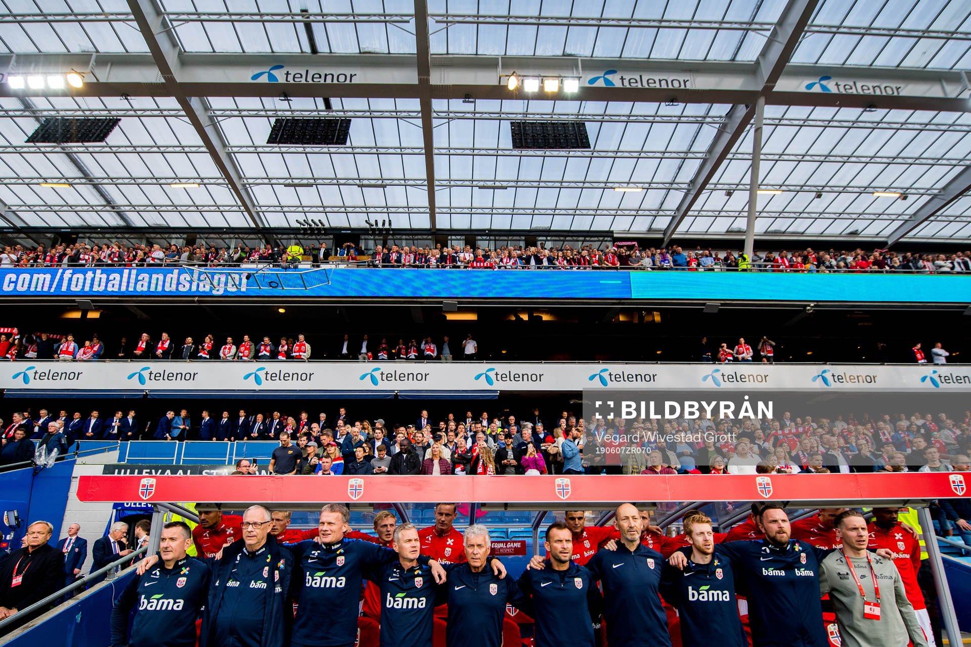 Per Joar Hansen, assistant coach, Lars Lagerbäck, head coach, Frode Grodås, goalkeeper coach, and staff of team Norway ahead of the UEFA Euro Qualifier football match between Norway and Romania on June 7, 2019 in Oslo.