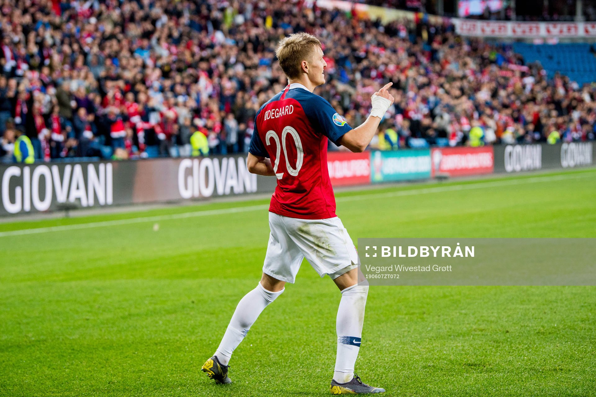 Martin Ødegaard of Norway celebrates after scoring 2-0 during the UEFA Euro Qualifier football match between Norway and Romania on June 7, 2019 in Oslo.