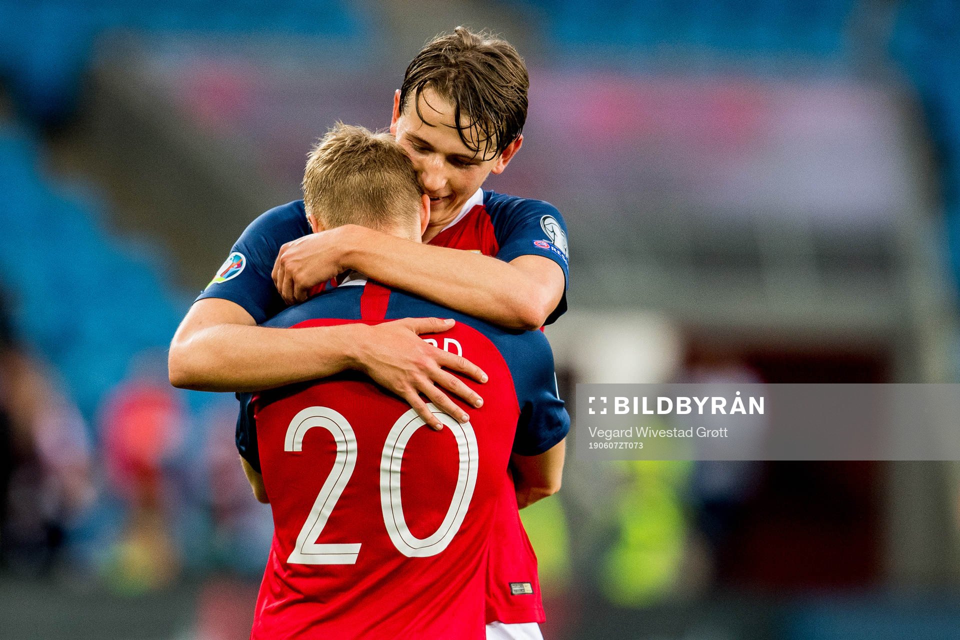 Martin Ødegaard of Norway celebrates with teammate Sander Berge after scoring 2-0 during the UEFA Euro Qualifier football match between Norway and Romania on June 7, 2019 in Oslo.