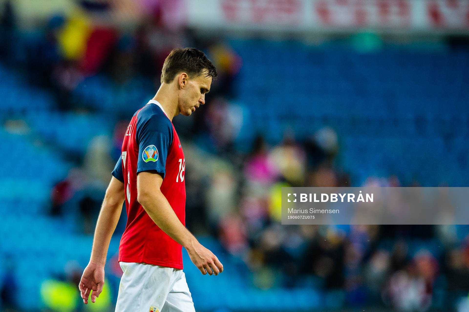Stefan Marius Johansen of Norway looks dejected after the UEFA Euro qualifier football match between Norway and Romania on June 7, 2019 in Oslo.