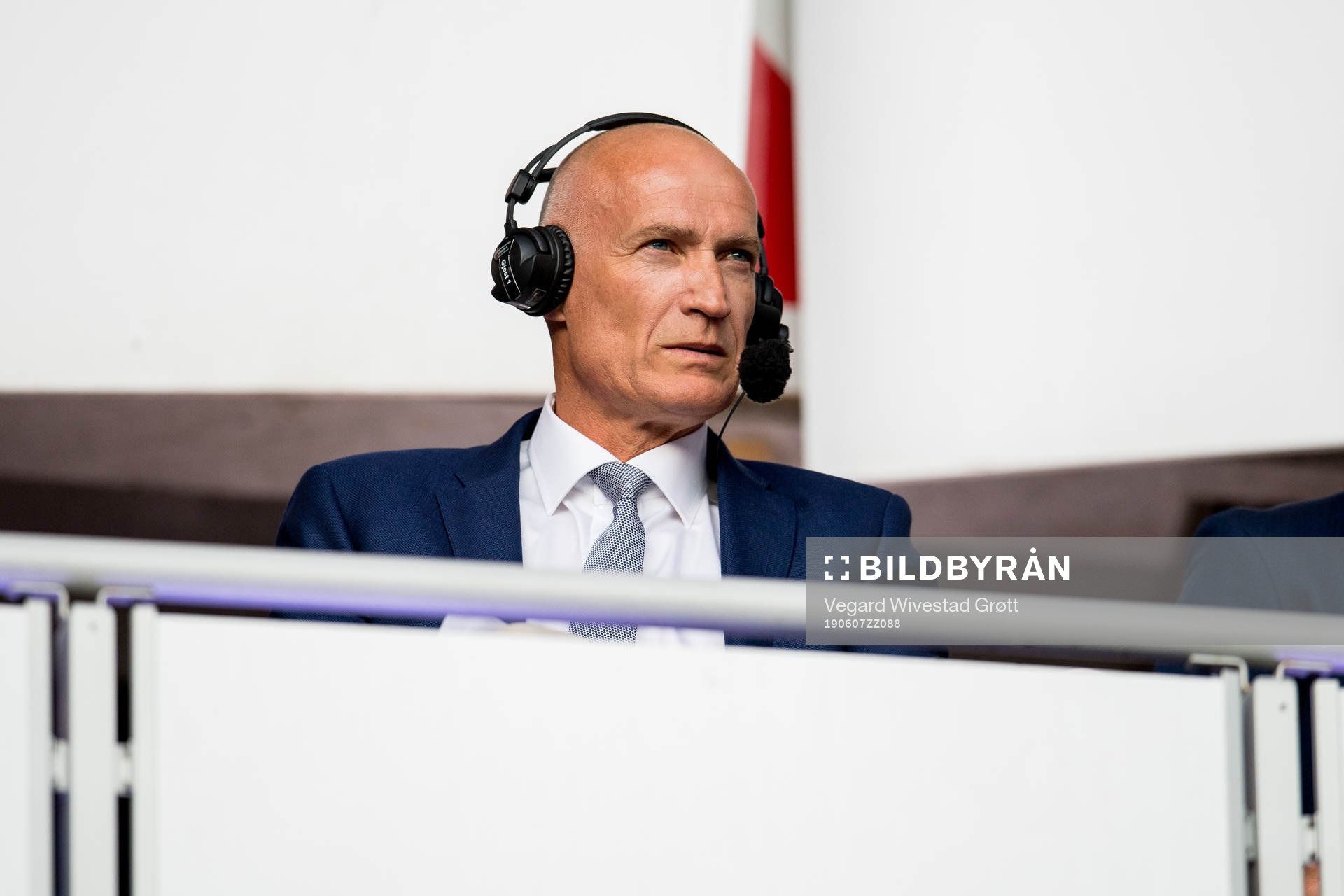 Erik Thorstvedt, commentator of TV 2, looks on from the stands during the UEFA Euro Qualifier football match between Norway and Romania on June 7, 2019 in Oslo.