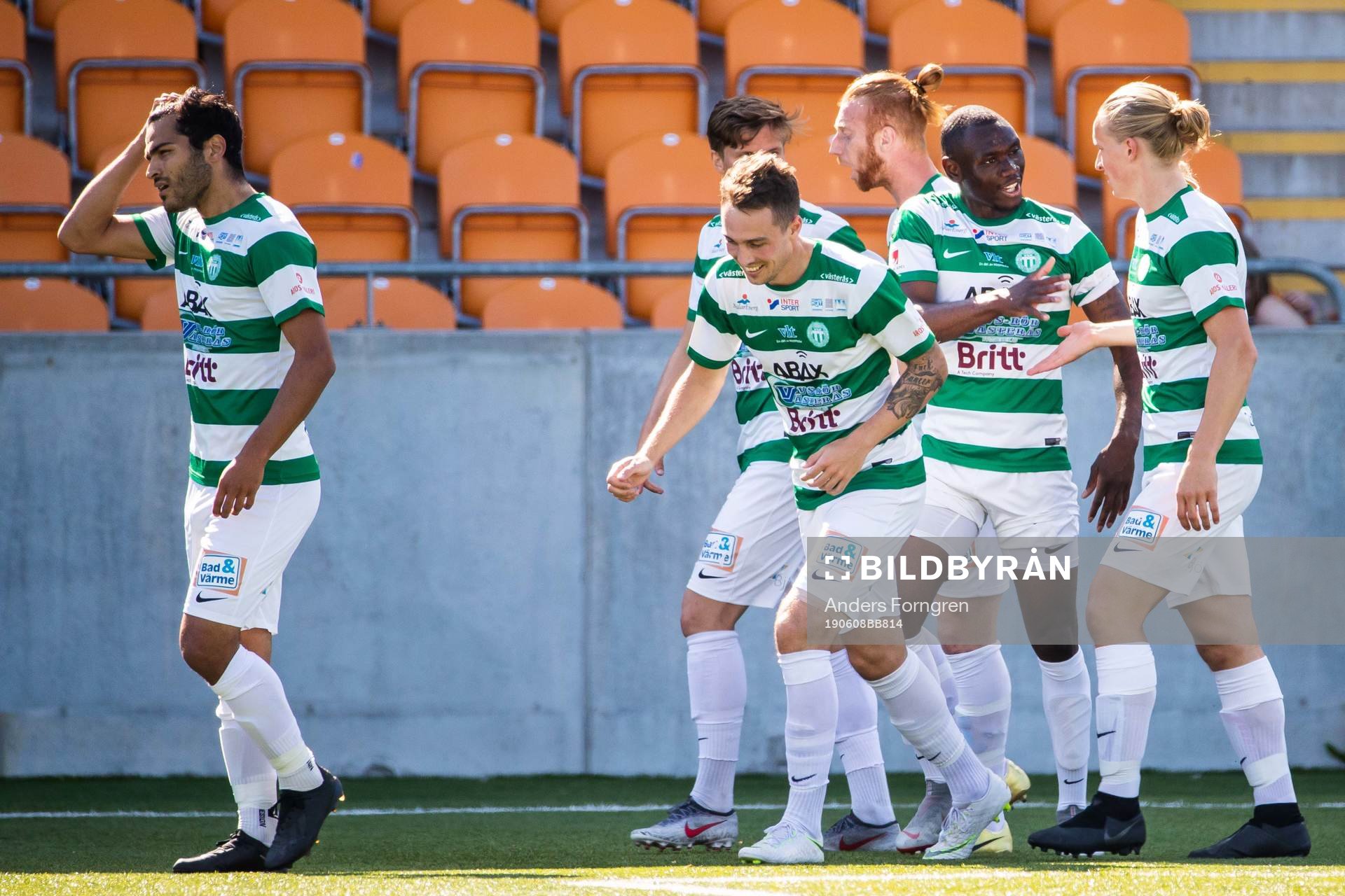 Västerås Filip Tronet jublar efter 1-0 under fotbollsmatchen i Superettan mellan Västerås och Frej den 27 maj 2019 i Västerås.