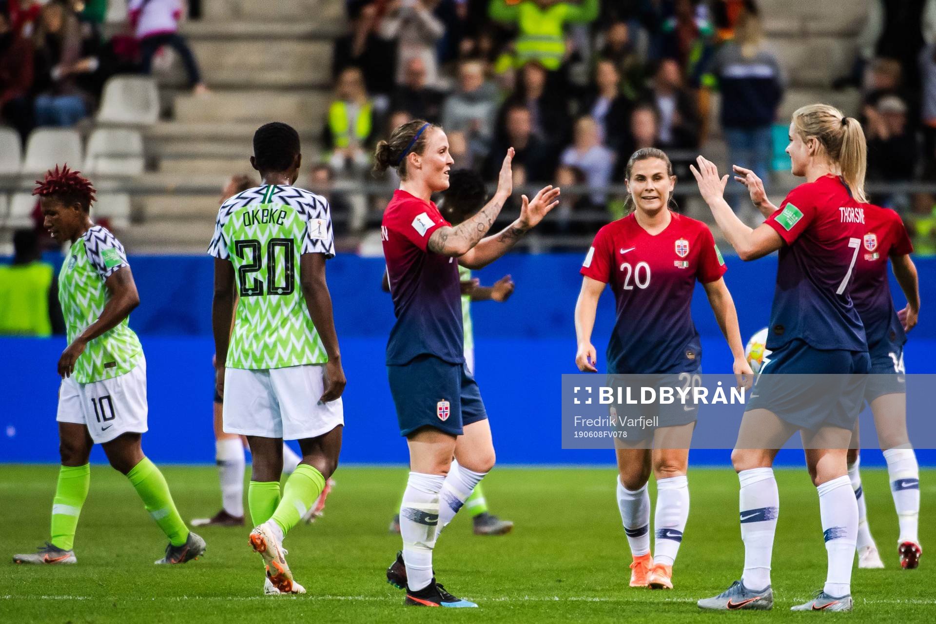 Elise Hove Thorsnes of Norway celebrate with teammates