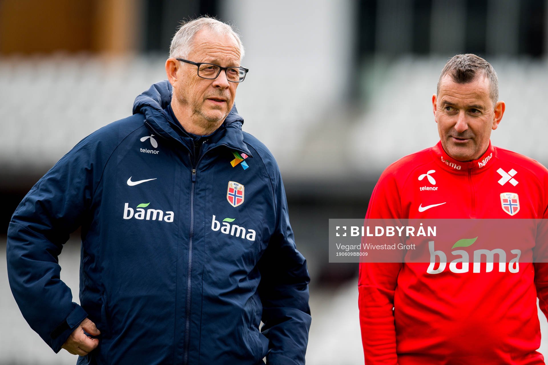 Lars Lagerbäck, head coach of Norway, and Per Joar Hansen, assistant coach, during a training session on June 9, 2019 in Torshavn.