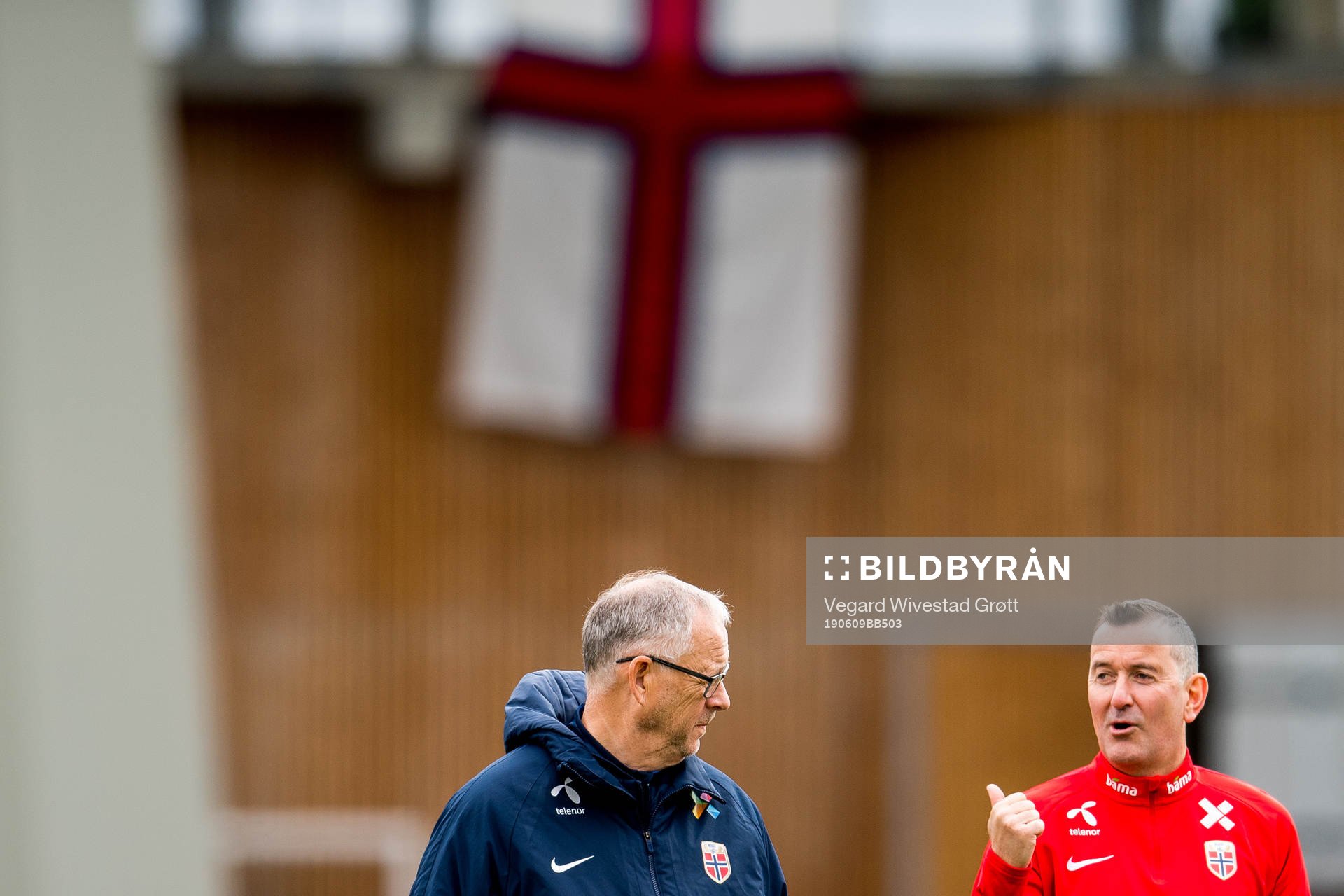 Lars Lagerbäck, head coach of Norway, and Per Joar Hansen,