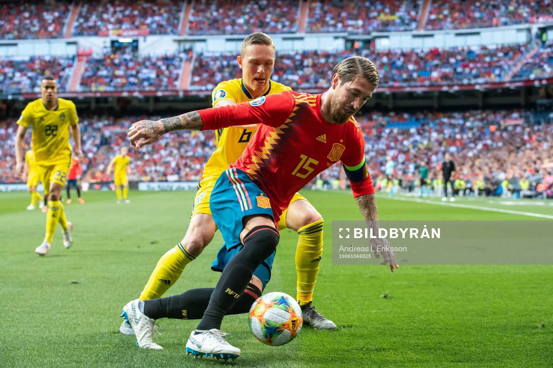 Ludwig Augustinsson of Sweden and Sergio Ramos of Spain during the UEFA Euro Qualifier football match between Spain and Sweden on June 10, 2019 in Madrid.