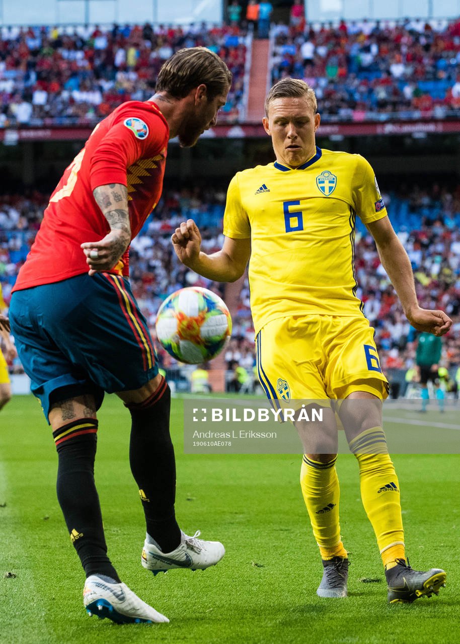 Sergio Ramos of Spain and Ludwig Augustinsson of Sweden during the UEFA Euro Qualifier football match between Spain and Sweden on June 10, 2019 in Madrid.