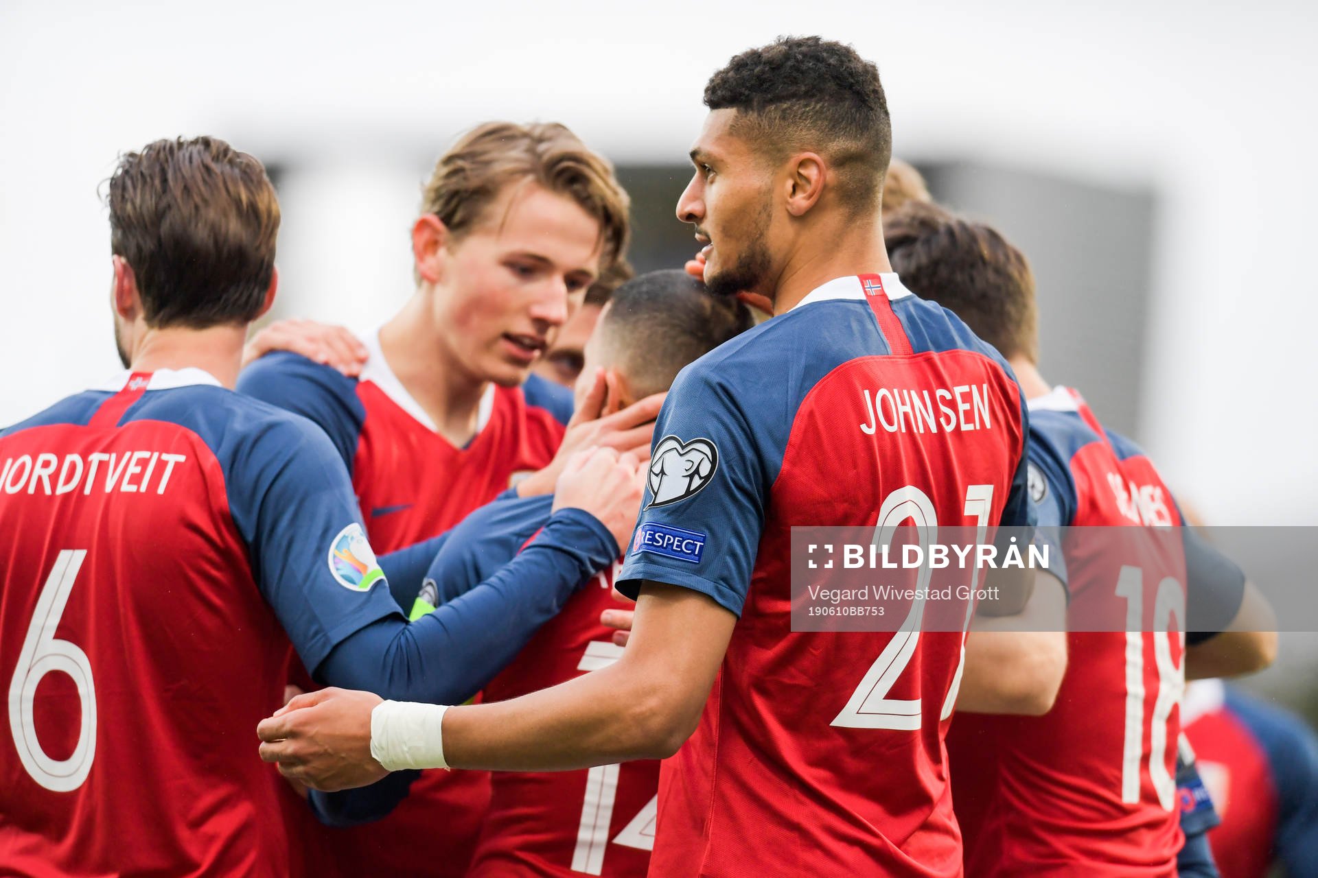 Bjørn Maars Johnsen of Norway celebrates with teammates