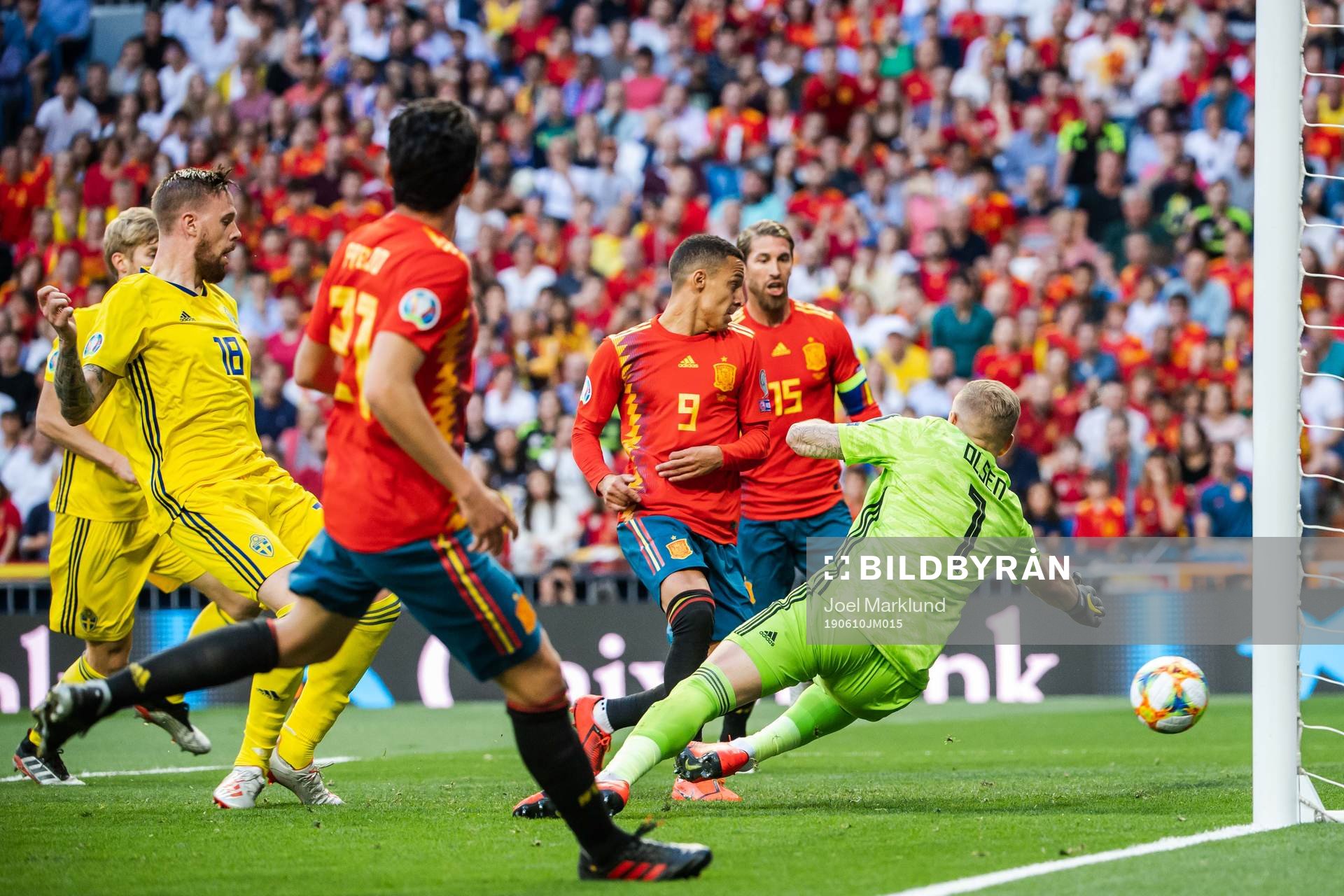 Rodrigo of Spain scores 1-0 which was later disallowed as