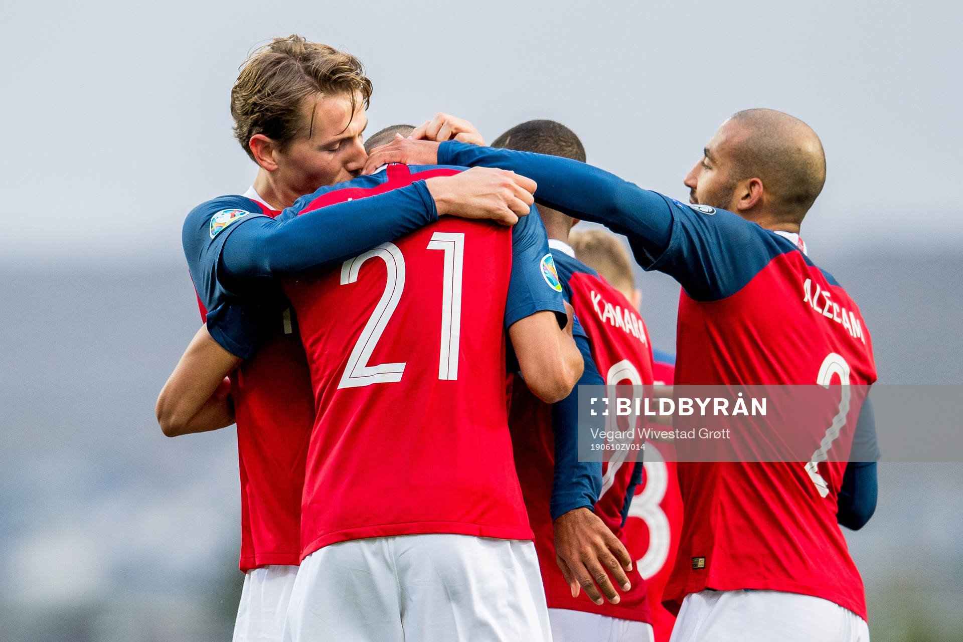 Bjørn Maars Johnsen of Norway celebrates with teammates