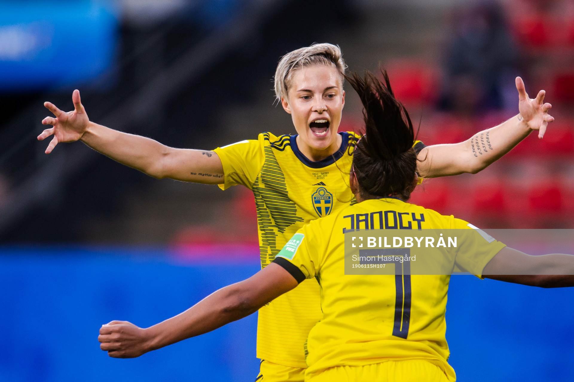 Lina Hurtig and Madelen Janogy of Sweden celebrate