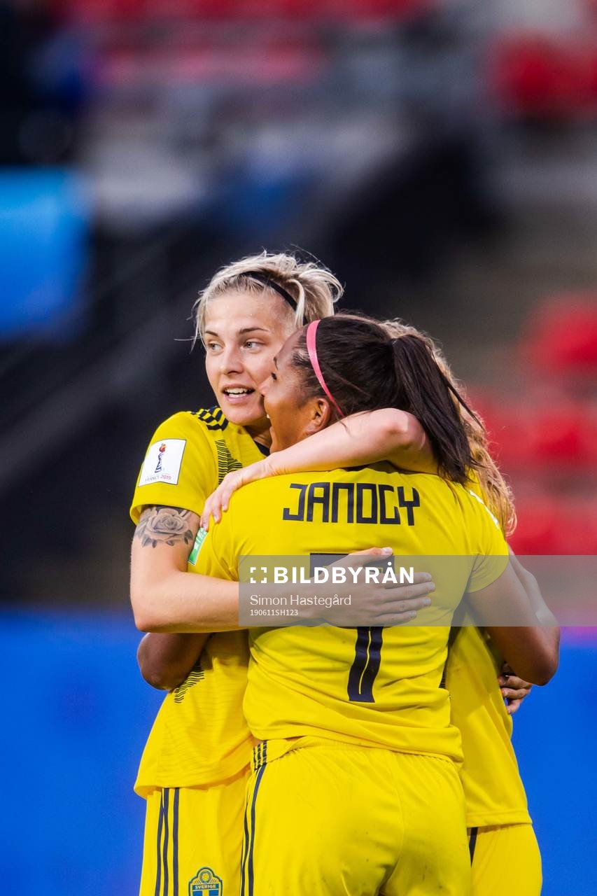 Lina Hurtig and Madelen Janogy of Sweden celebrate