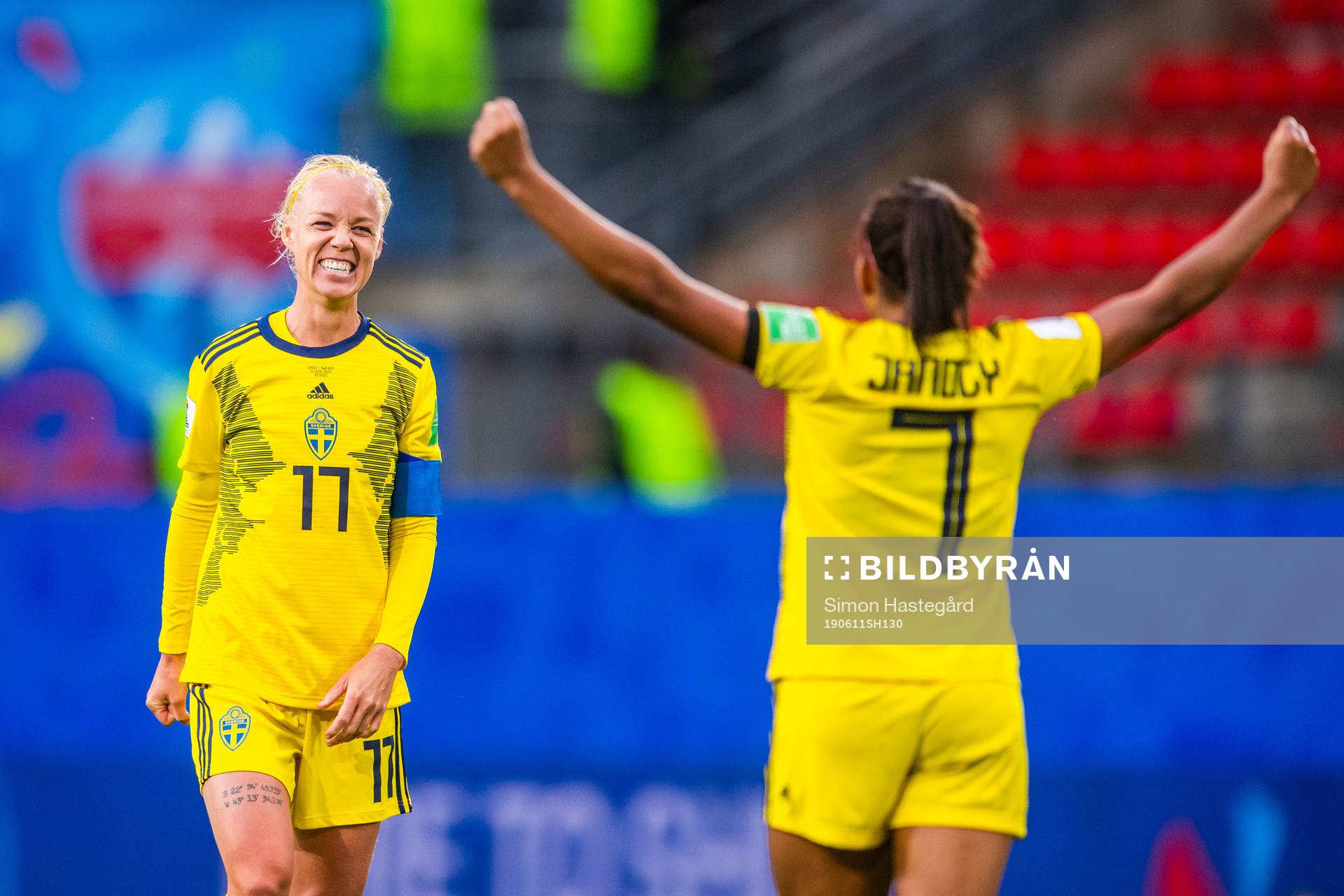 Caroline Seger and Madelen Janogy of Sweden celebrate