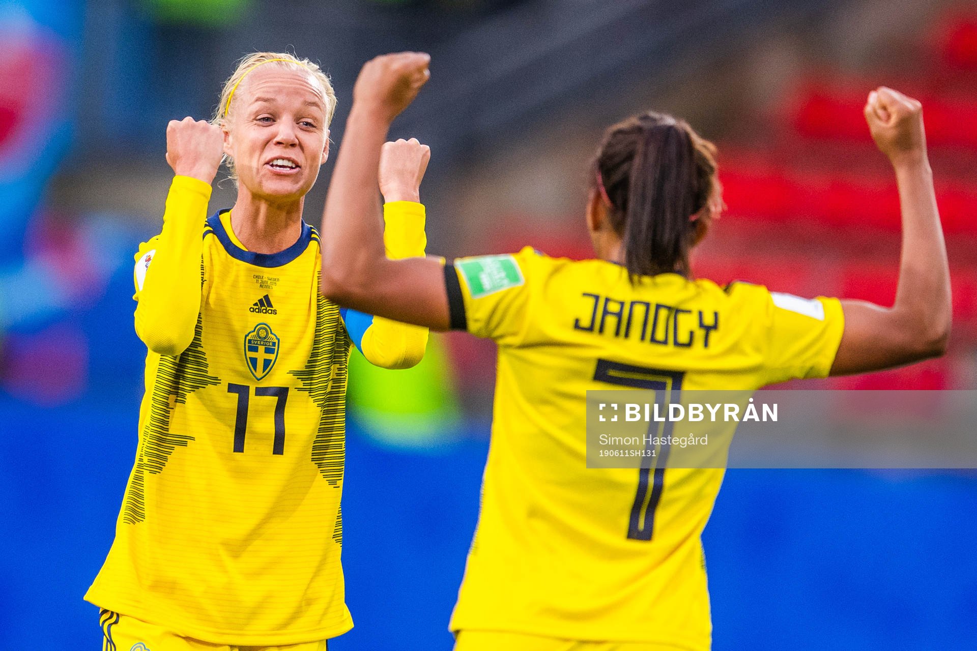 Caroline Seger and Madelen Janogy of Sweden celebrate