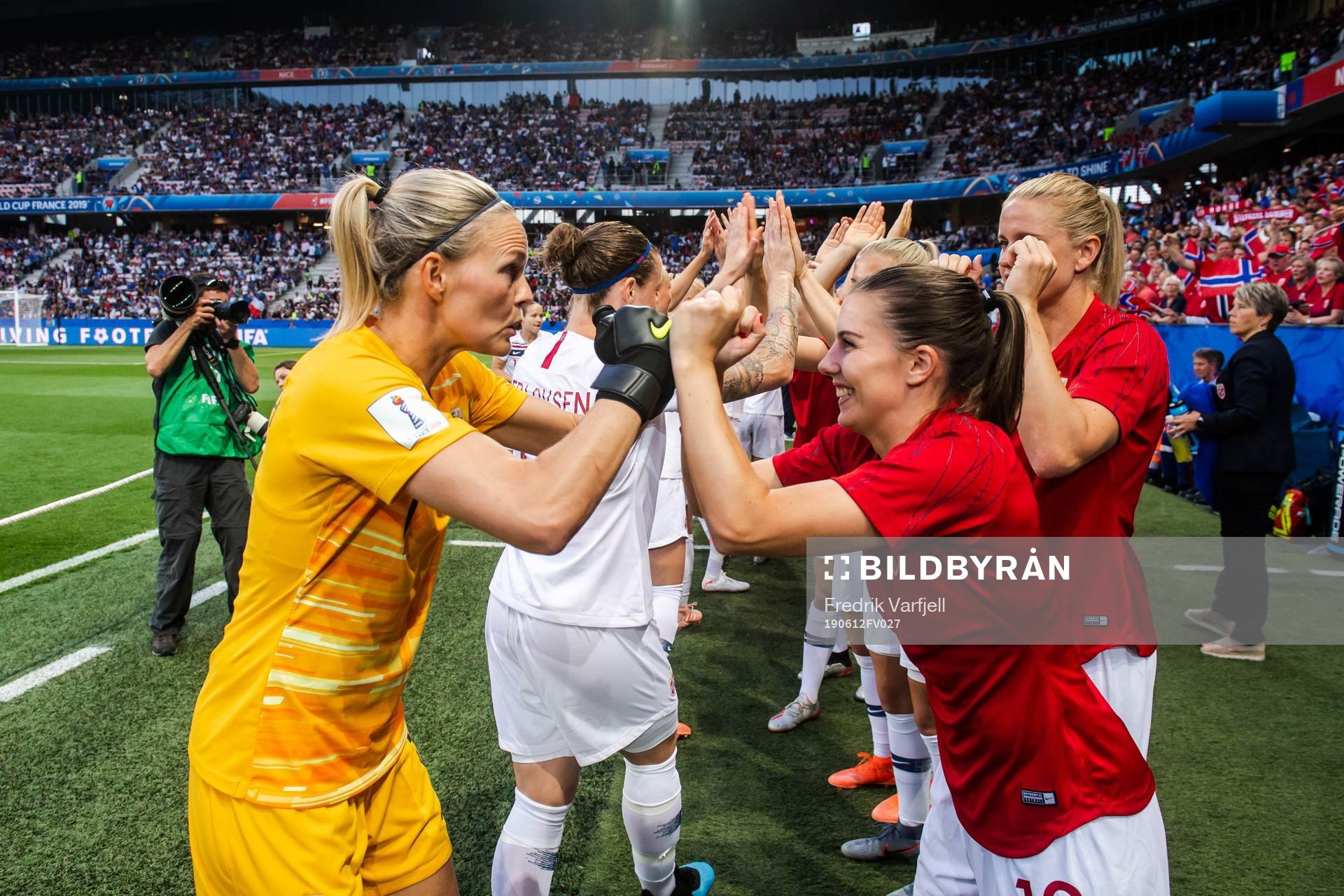 Goalkeeper Ingrid Hjelmseth and Cecilie Redisch Kvamme of