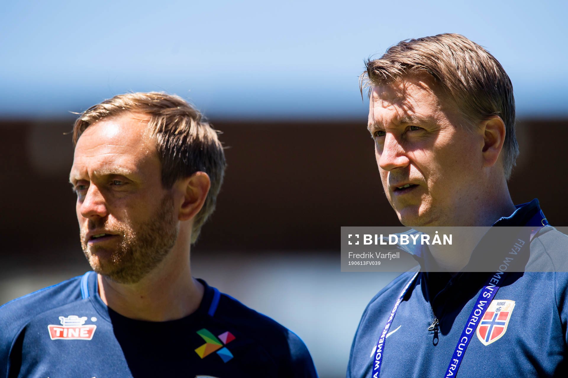 Martin Sjögren, head coach of Norway, and Leif Gunnar Smerud, U21 coach of Norway, after a training session on June 13, 2019 in Cannes.