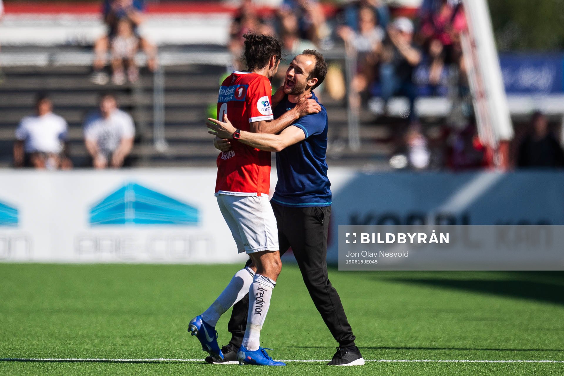 Adem Güven of Kongsvinger and Vitor Gazimba, head coach of Kongsvinger, celebrate after the OBOS-ligaen match between Kongsvinger and Start on June 15, 2019 in Kongsvinger.