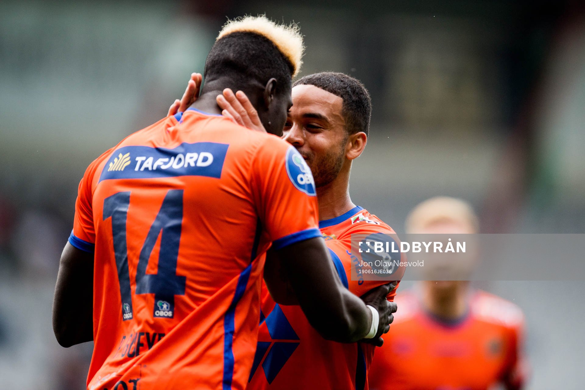 Pape Habib Gueye of Aalesund celebrates with teammate