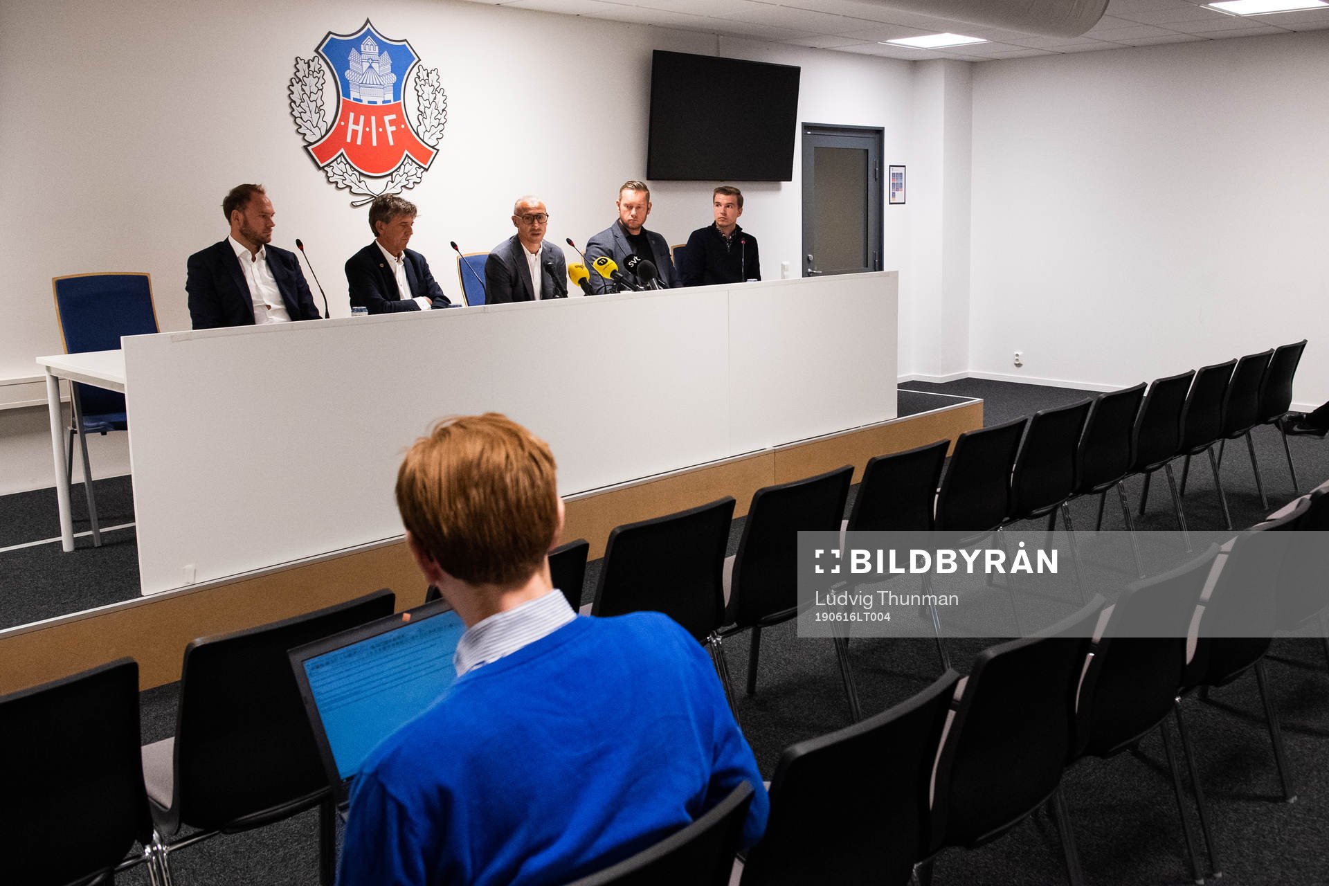 Spelande sportchef Andreas Granqvist, ordförande Krister Azelius och Henrik Larsson som presenteras som ny tränare under en presskonferens med Helsingborg den 16 juni 2019 i Helsingborg.