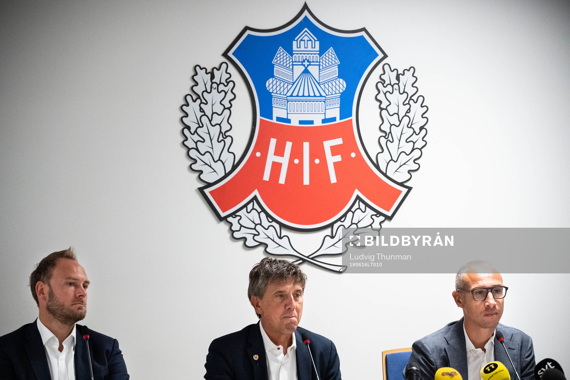 Spelande sportchef Andreas Granqvist, ordförande Krister Azelius och Henrik Larsson som presenteras som ny tränare under en presskonferens med Helsingborg den 16 juni 2019 i Helsingborg.