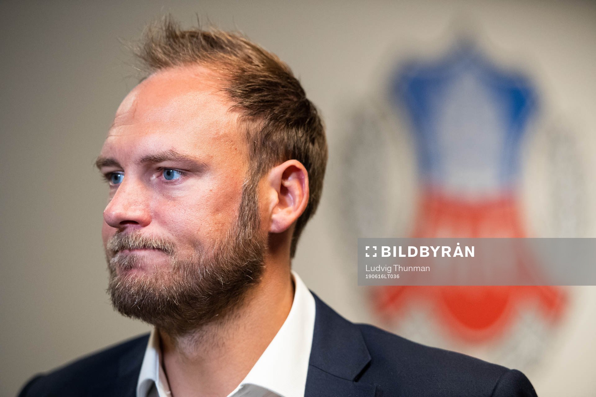 Spelande sportchef Andreas Granqvist intervjuas av media efter att Henrik Larssn (ej i bild) presenterats som ny tränare under en presskonferens med Helsingborg den 16 juni 2019 i Helsingborg.