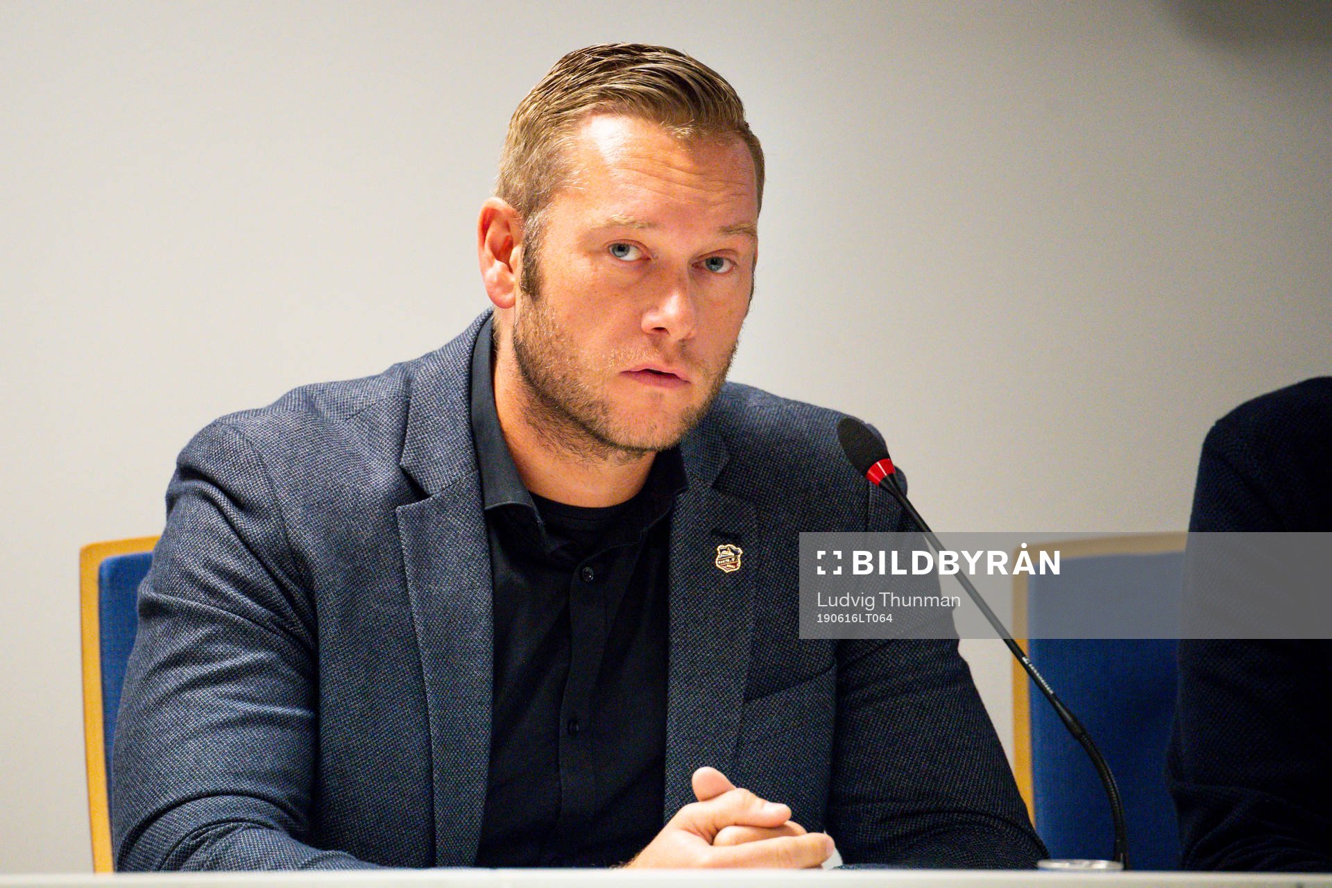 Klubbdirektör Joel Sandborg under en presskonferens med Helsingborg den 16 juni 2019 i Helsingborg.