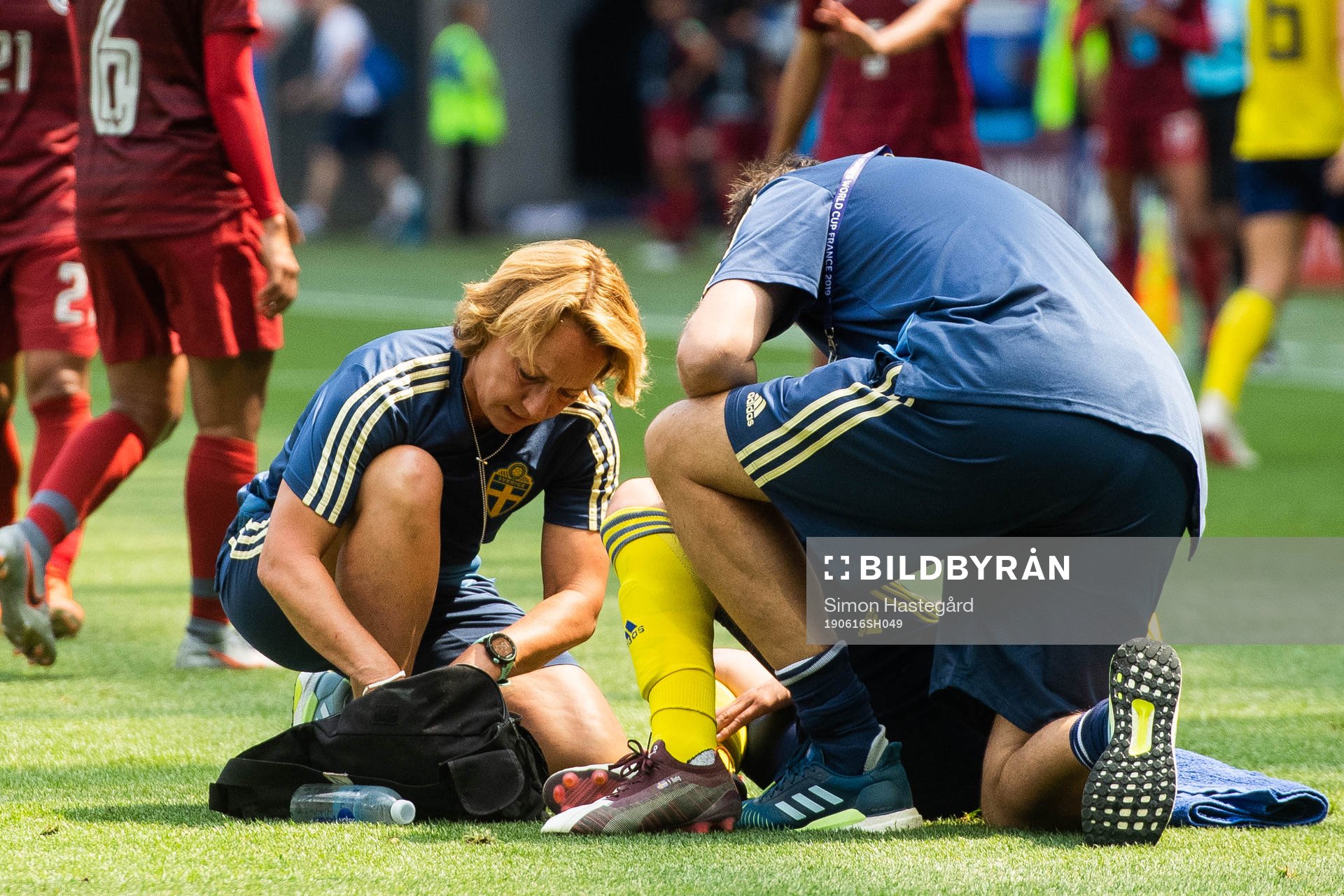 Lina Hurtig of Sweden receives treatment