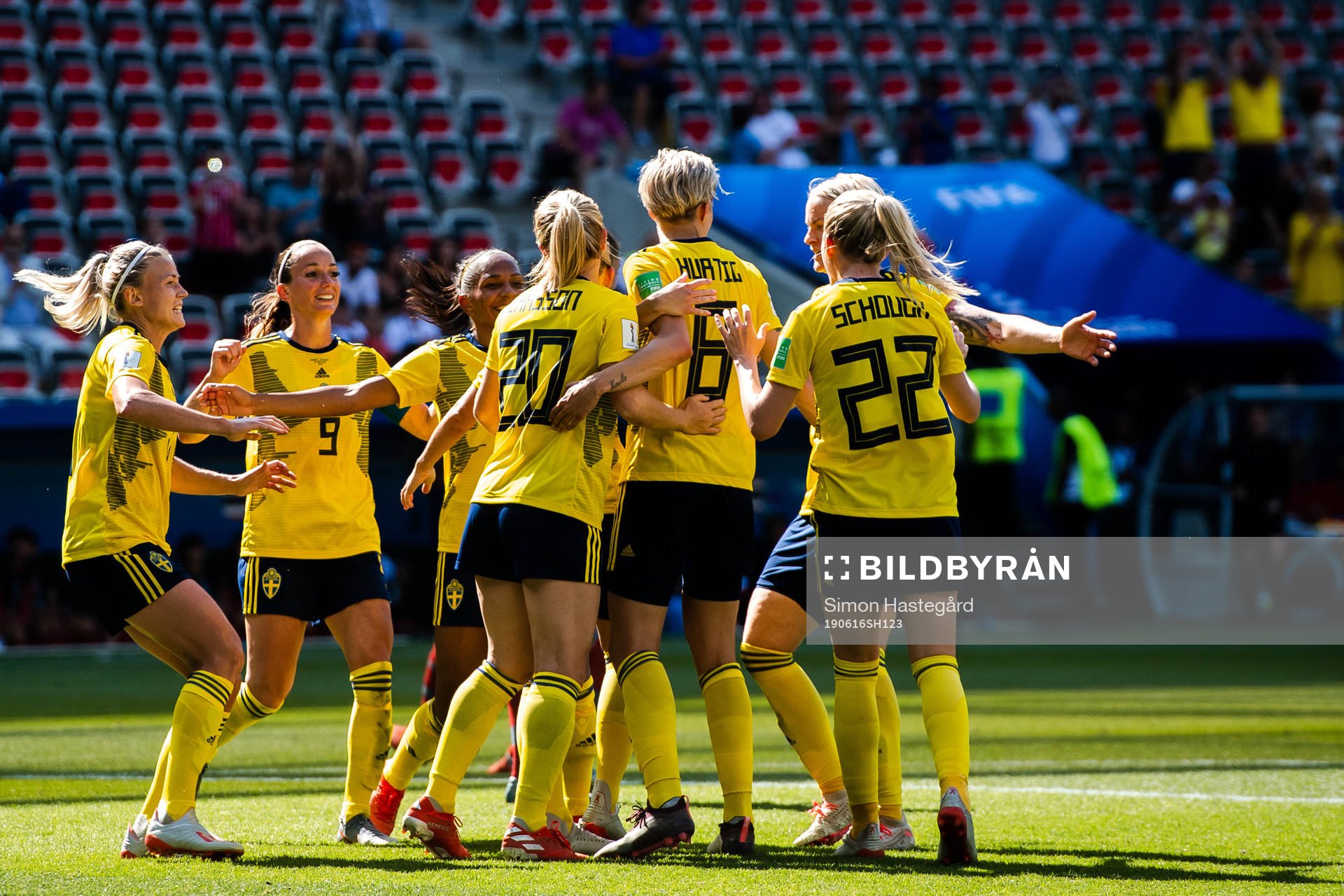 Players of Sweden celebrate the 5-1 goal by Elin Rubensson during the FIFA Women's World Cup match between Sweden and Thailand on June 16, 2019 in Nice.