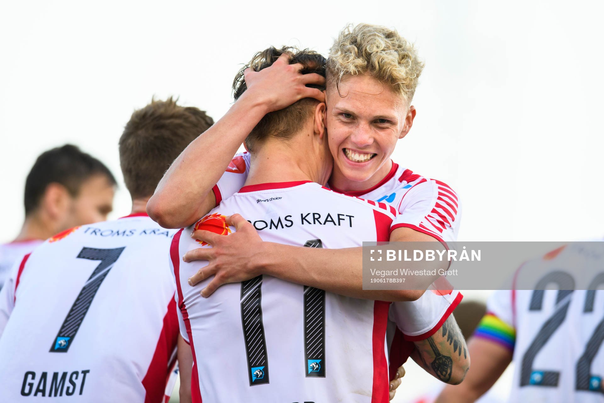 Robert Taylor of Tromsø celebrates with teammate Onni Valakari after his 0-1 goal during the Eliteserien football match between Stabæk and Tromsø on June 17, 2019 in Bekkestua.