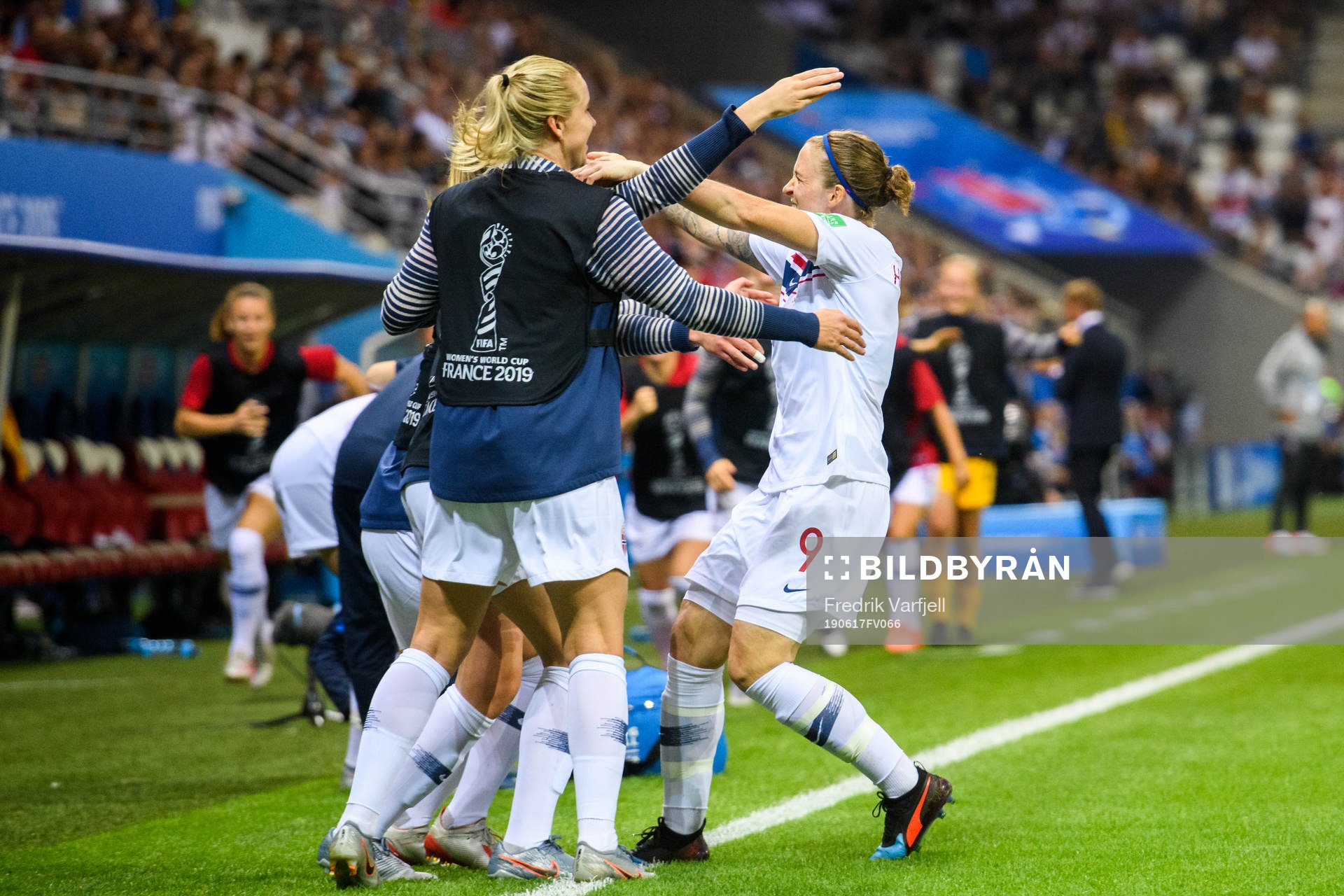 Isabell Lehn Herlovsen of Norway celebrates with team mates after her 0-2 goal during the FIFA Women's World Cup match between South Korea and Norway on June 17, 2019 in Reims.