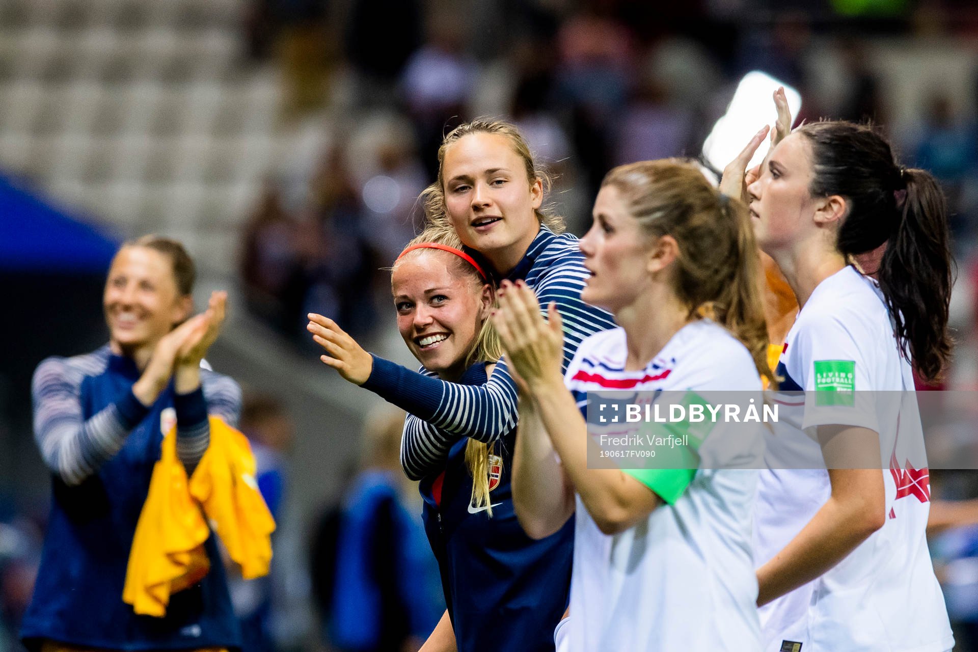 Therese Sessy Åsland, Caroline Graham Hansen, Maren Nævdal Mjelde and Ingrid Syrstad Engen of Norway celebrate after the FIFA Women's World Cup match between South Korea and Norway on June 17, 2019 in Reims.