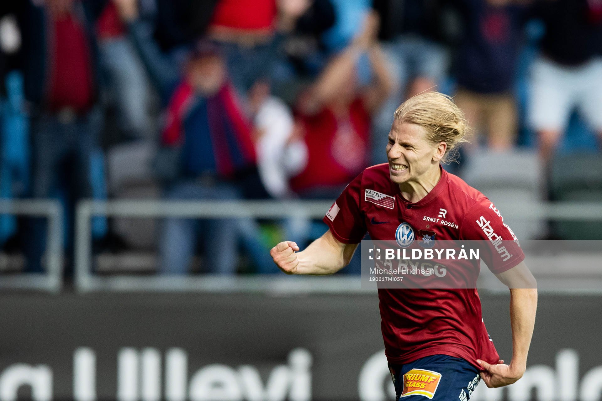 Örgrytes Gustav Ludwigson jublar efter 1-0 målet under fotbollsmatchen i Superettan mellan Örgryte och GAIS den 17 juni 2019 i Göteborg.