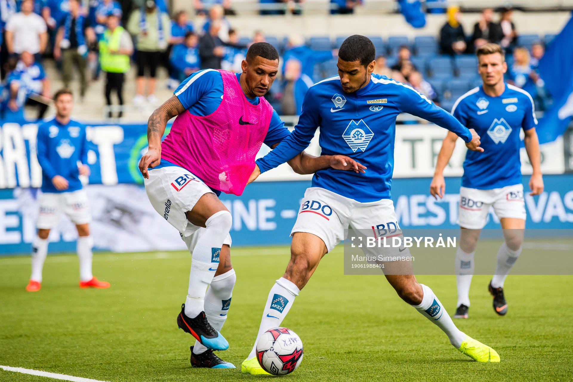 Lunan Ruben Gabrielsen and Ohikhuaeme Anthony Omoijuanfo of Molde ahead of the cup match between Aalesund and Molde on June 19, 2019 in Ålesund.