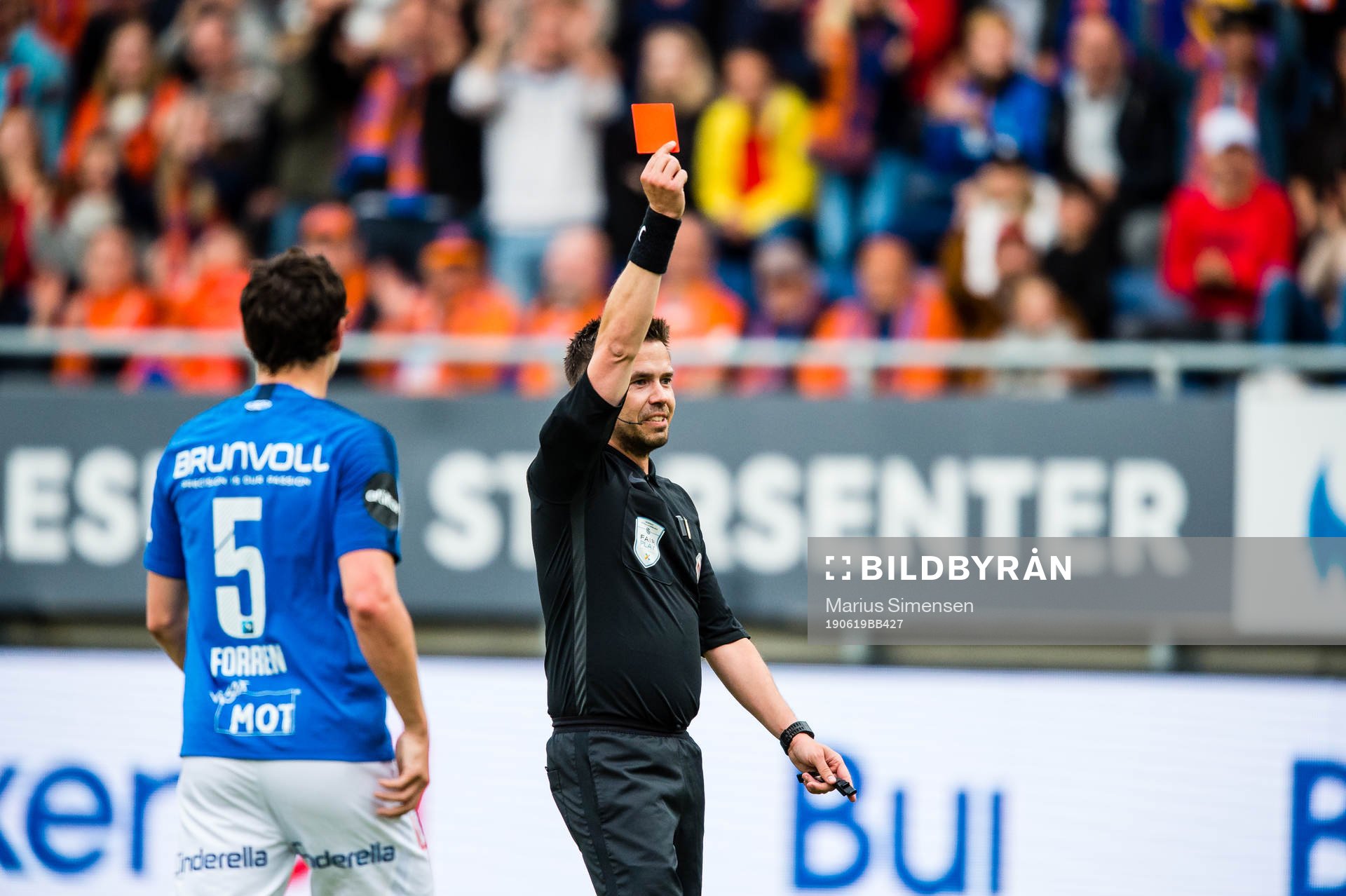 Lunan Ruben Gabrielsen of Molde gets a red card by Tom Harald Hagen, referee, during the cup match between Aalesund and Molde on June 19, 2019 in Ålesund.